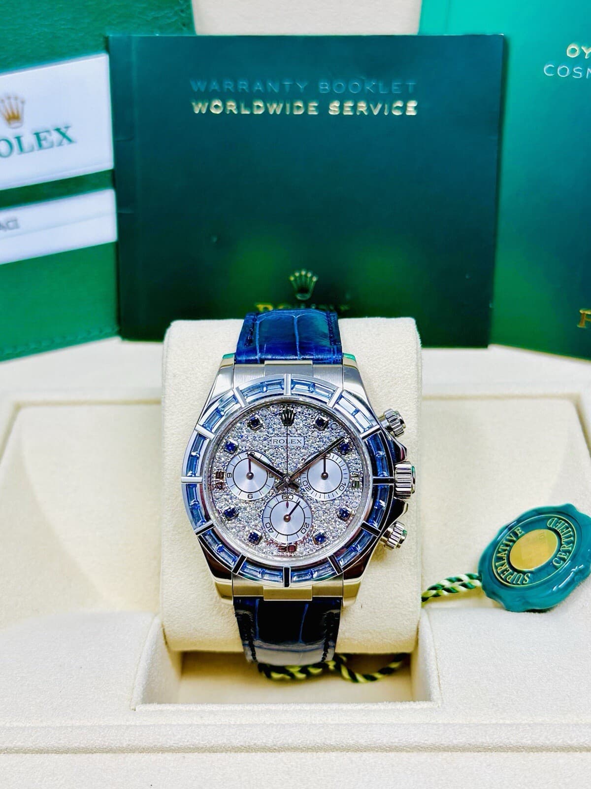 Rolex Daytona 116589 SACI White Gold Sapphire Pave Diamond Dial Full Set 
