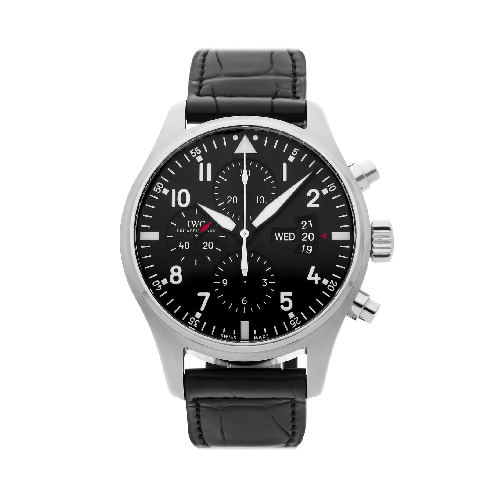 IWC Pilot's Watch Chronograph Steel Auto 43mm Black Dial Strap Watch IW3777-01