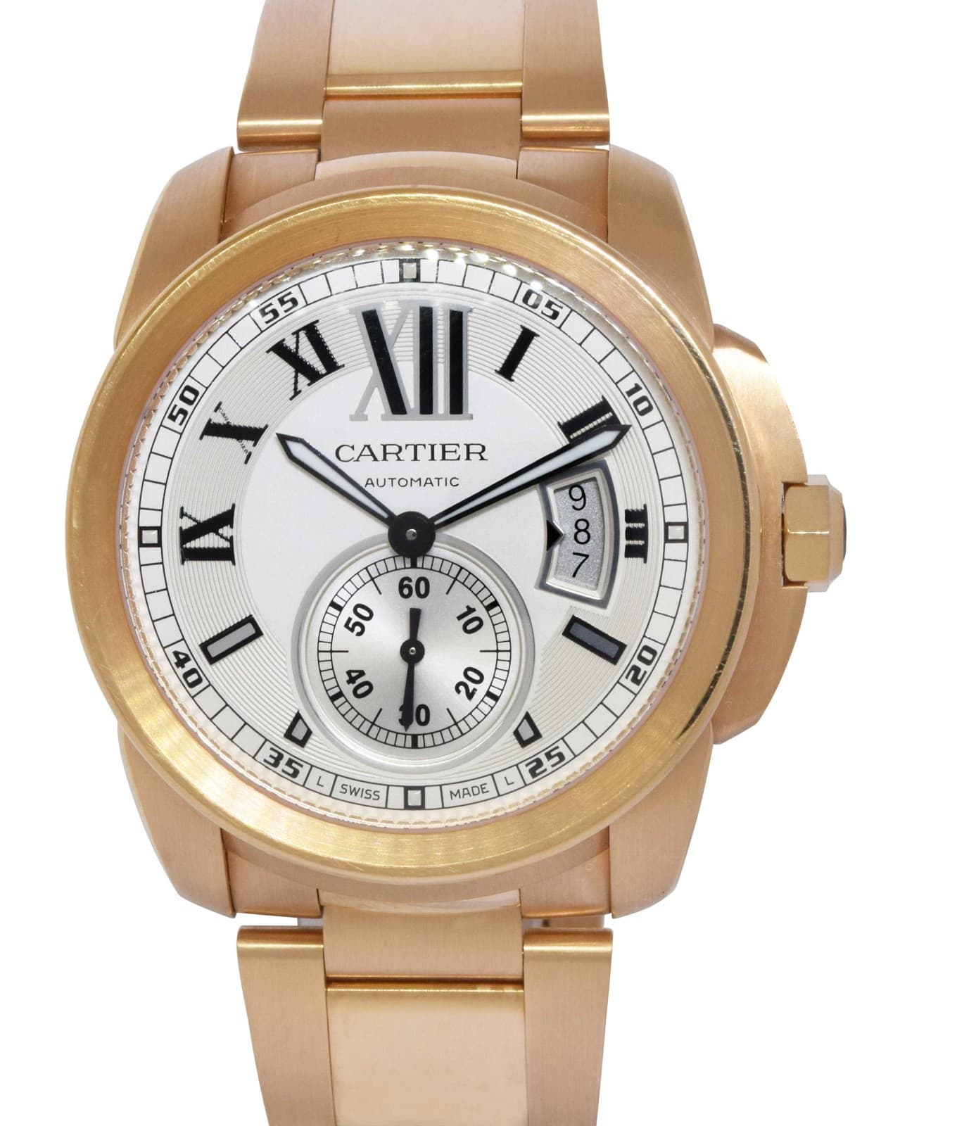 Cartier Calibre 18k Rose Gold Silver Dial Mens 42mm Watch +Box W7100018 3300
