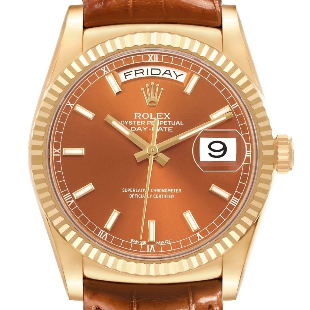Rolex President Day-Date Yellow Gold Cognac Dial Mens Watch 118138