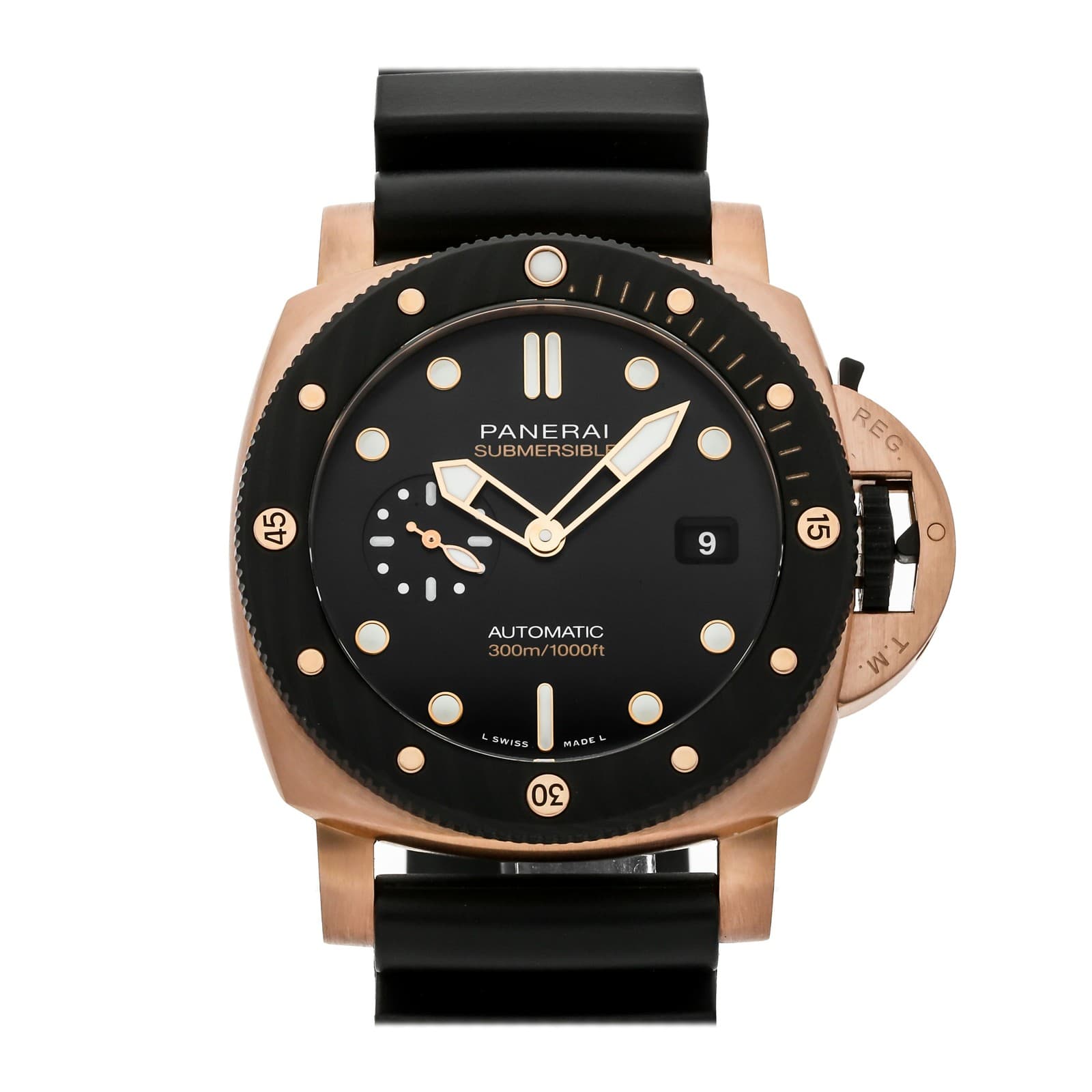 Panerai Submersible Rose Gold Auto 44mm Black Dial Rubber Strap Watch PAM 2070