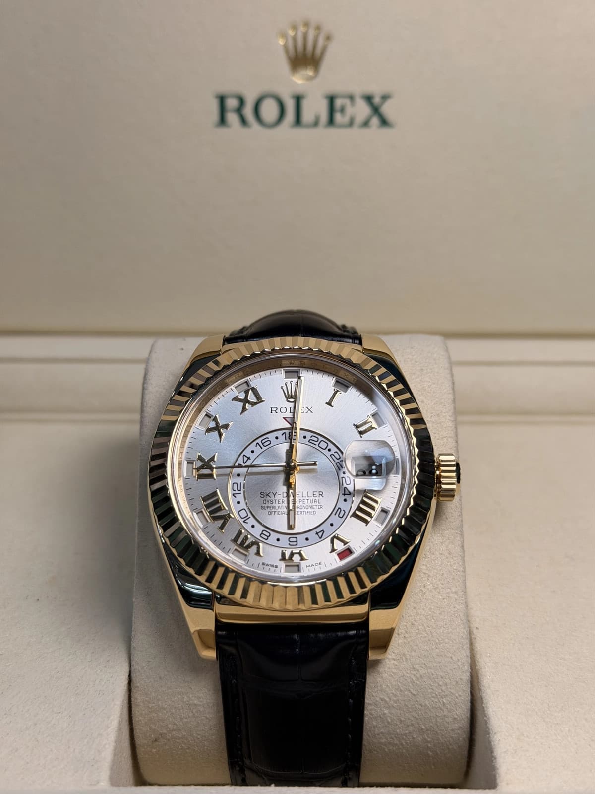 Rolex SkyDweller Silver Sunray Roman Dial on Leather 326138 Complete Open Date