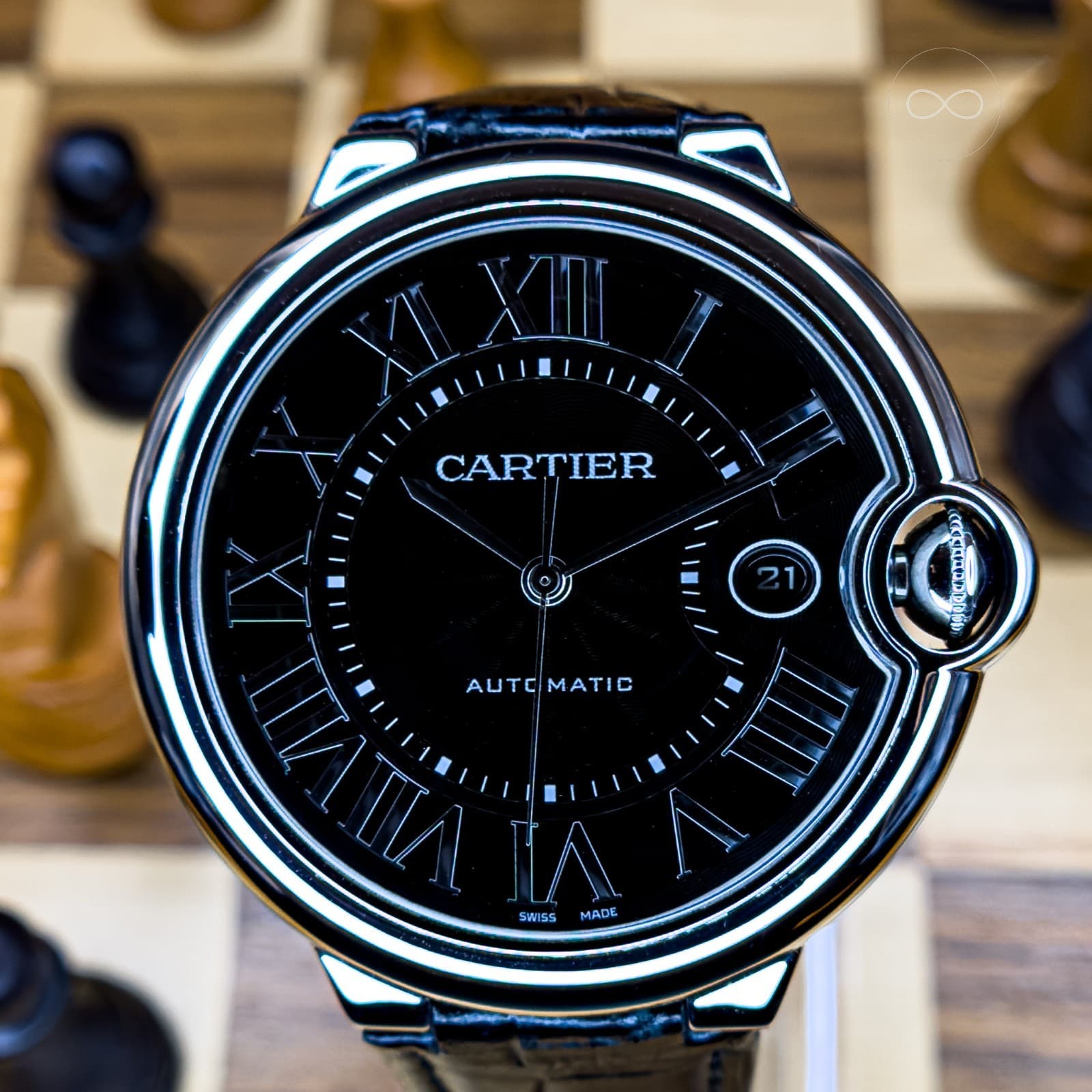 Cartier Ballon Bleu Full Set Steel case Black Dial Black Leather Alligator Strap