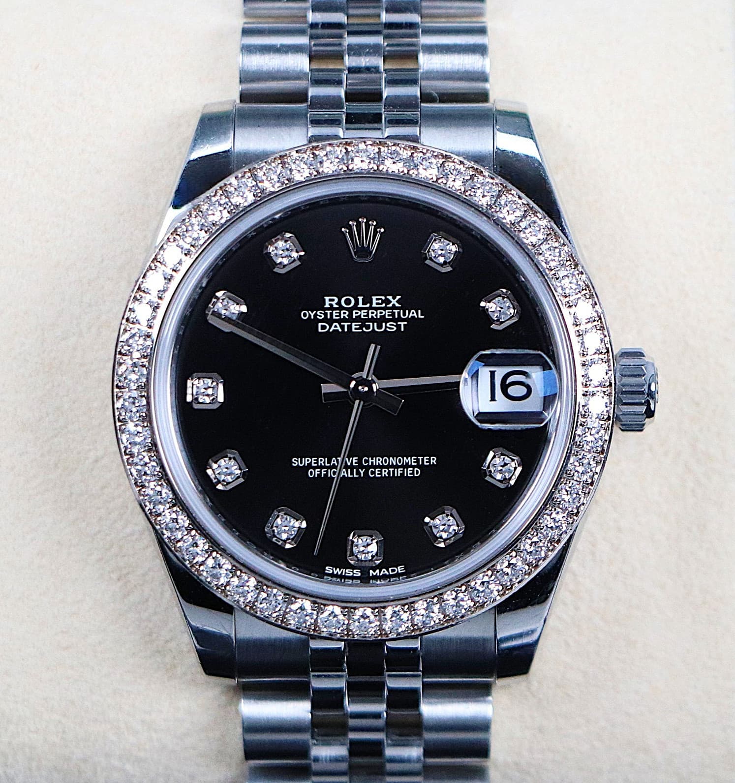 Rolex 31mm DateJust Steel 18k White Gold Factory Diamond Bezel Dial Watch 178384