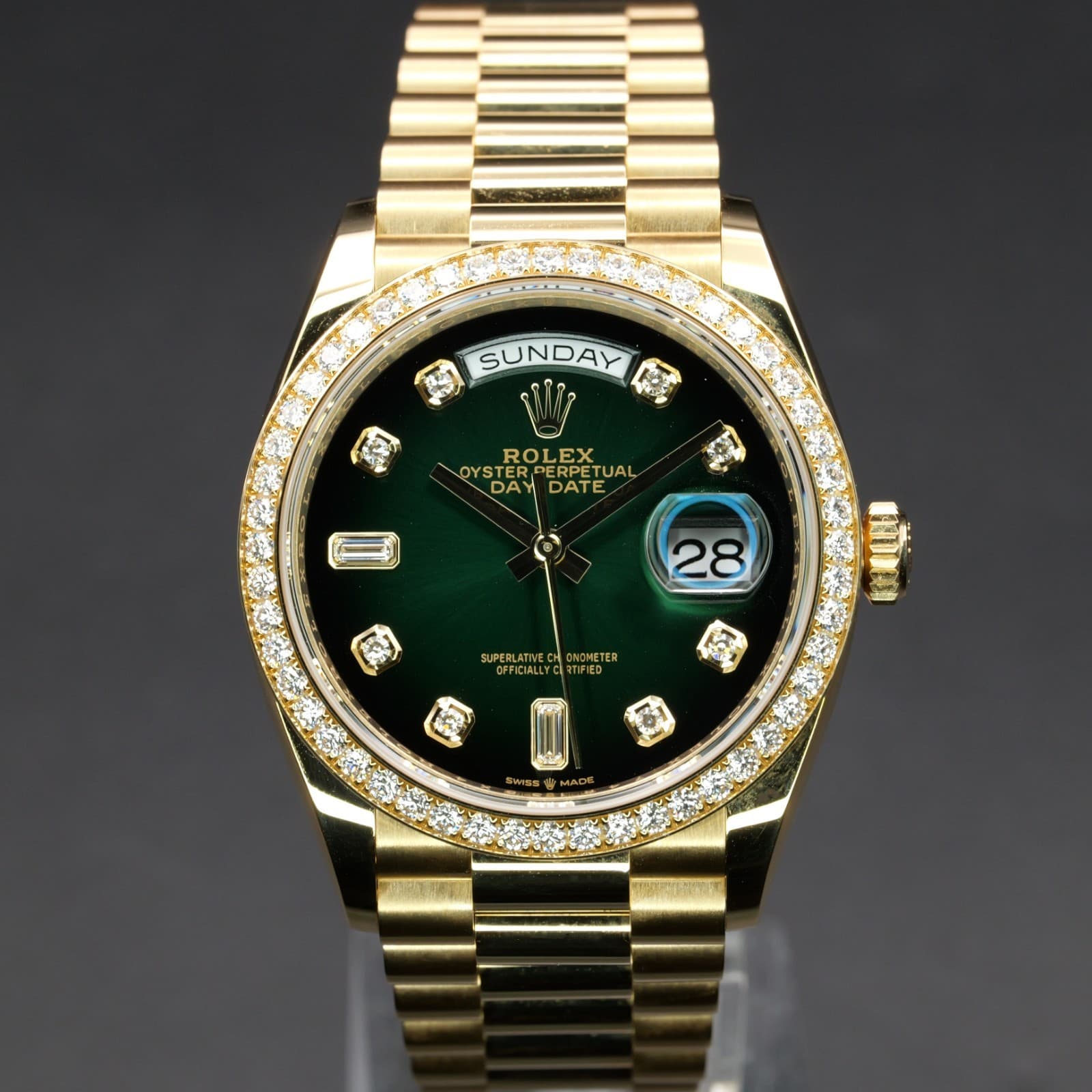 Rolex Presidential Day-Date 128348RBR 36MM Yellow Gold Green Full Set WARRANTY