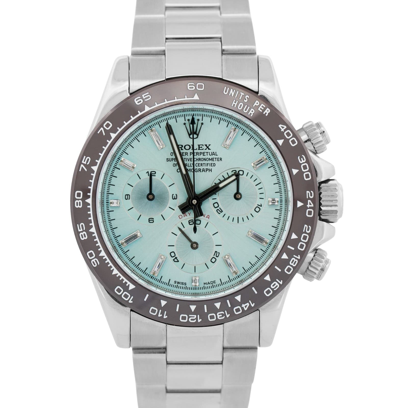 Rolex Daytona Cosmograph 116520 Glacier Blue Baguette Diamond Steel 40mm Watch