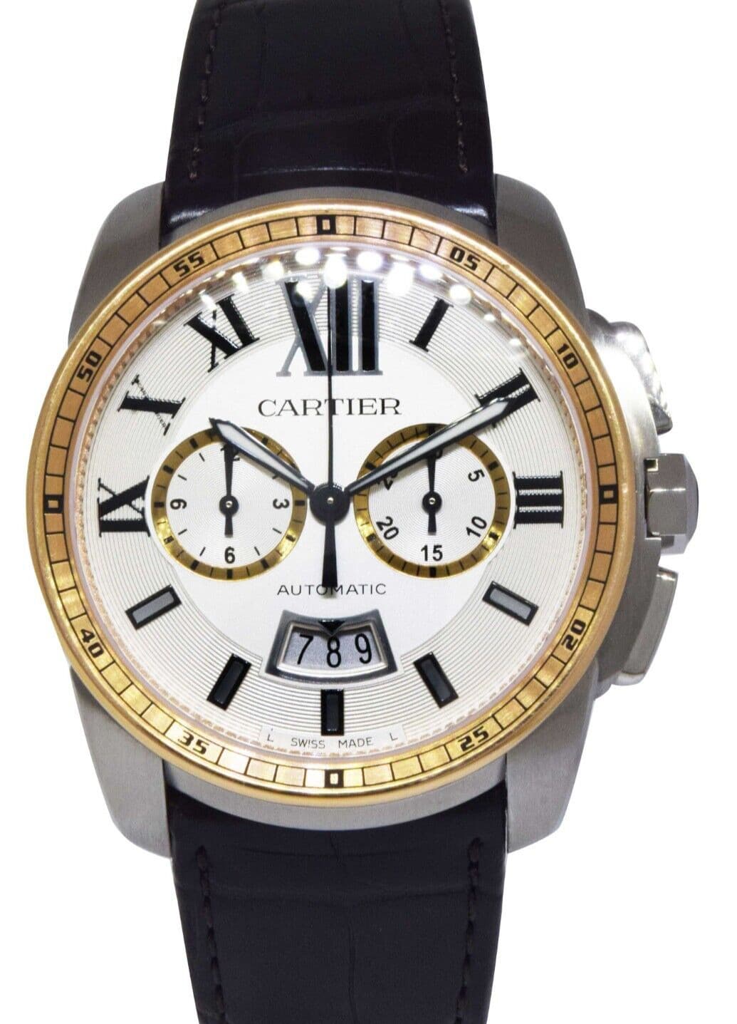 Cartier Calibre Chronograph Steel & 18k Rose Gold 42mm Watch B/P W7100043 3578