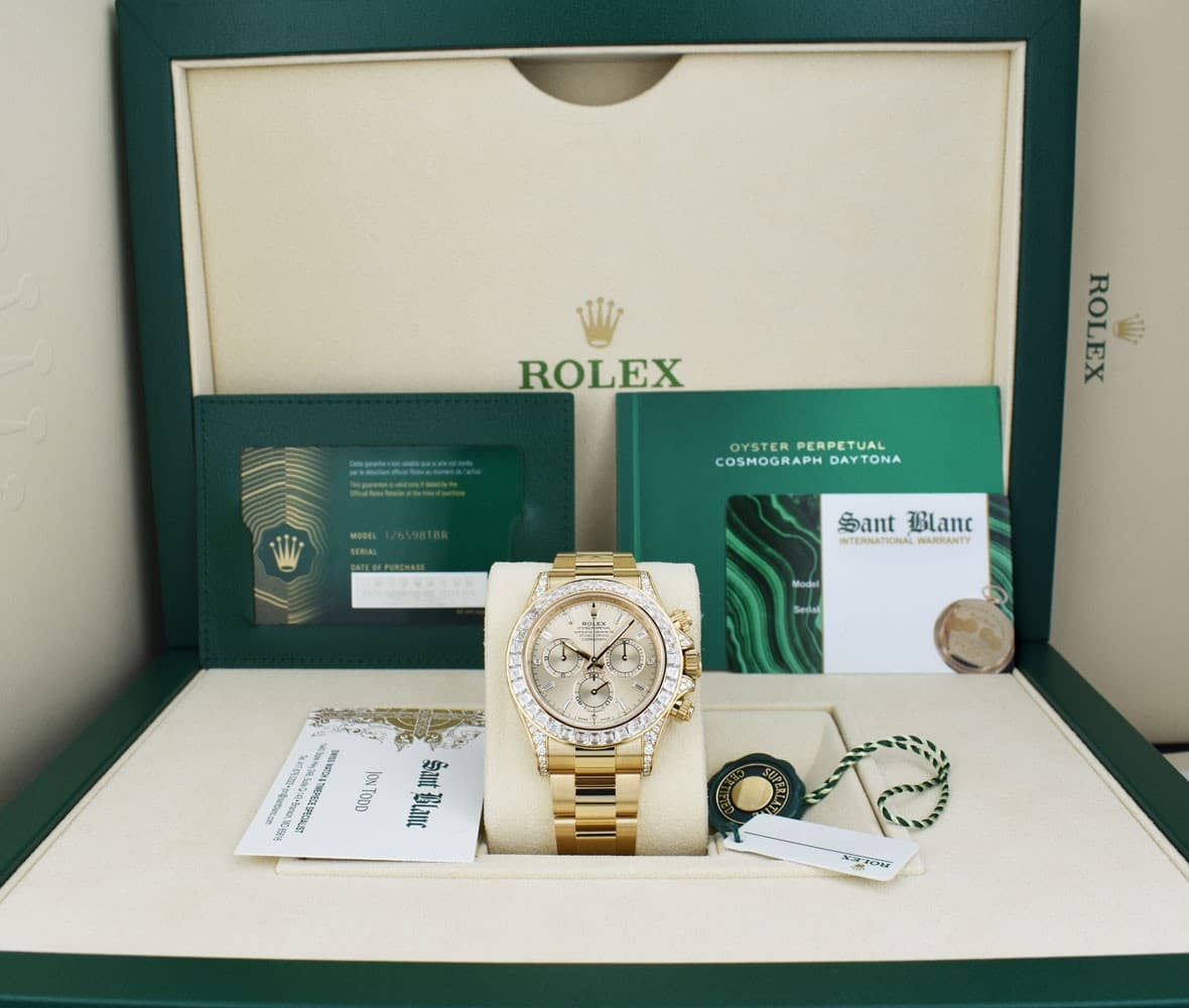 ROLEX 18kt Gold Daytona Champagne Dial Diamond Bezel CARD 126598 TBR SANT BLANC