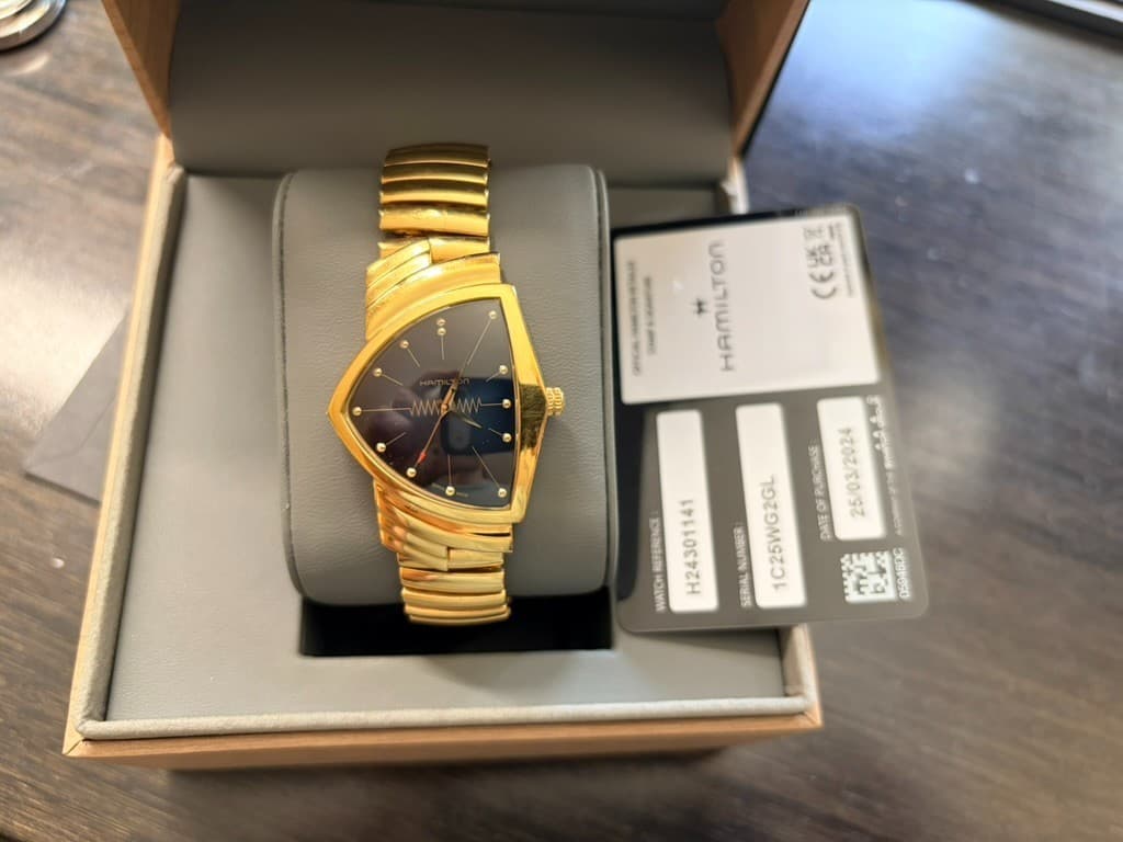 Hamilton Ventura Quartz Blue Dial Gold PVD H24301141 Elvis 2024 Full Set Receipt