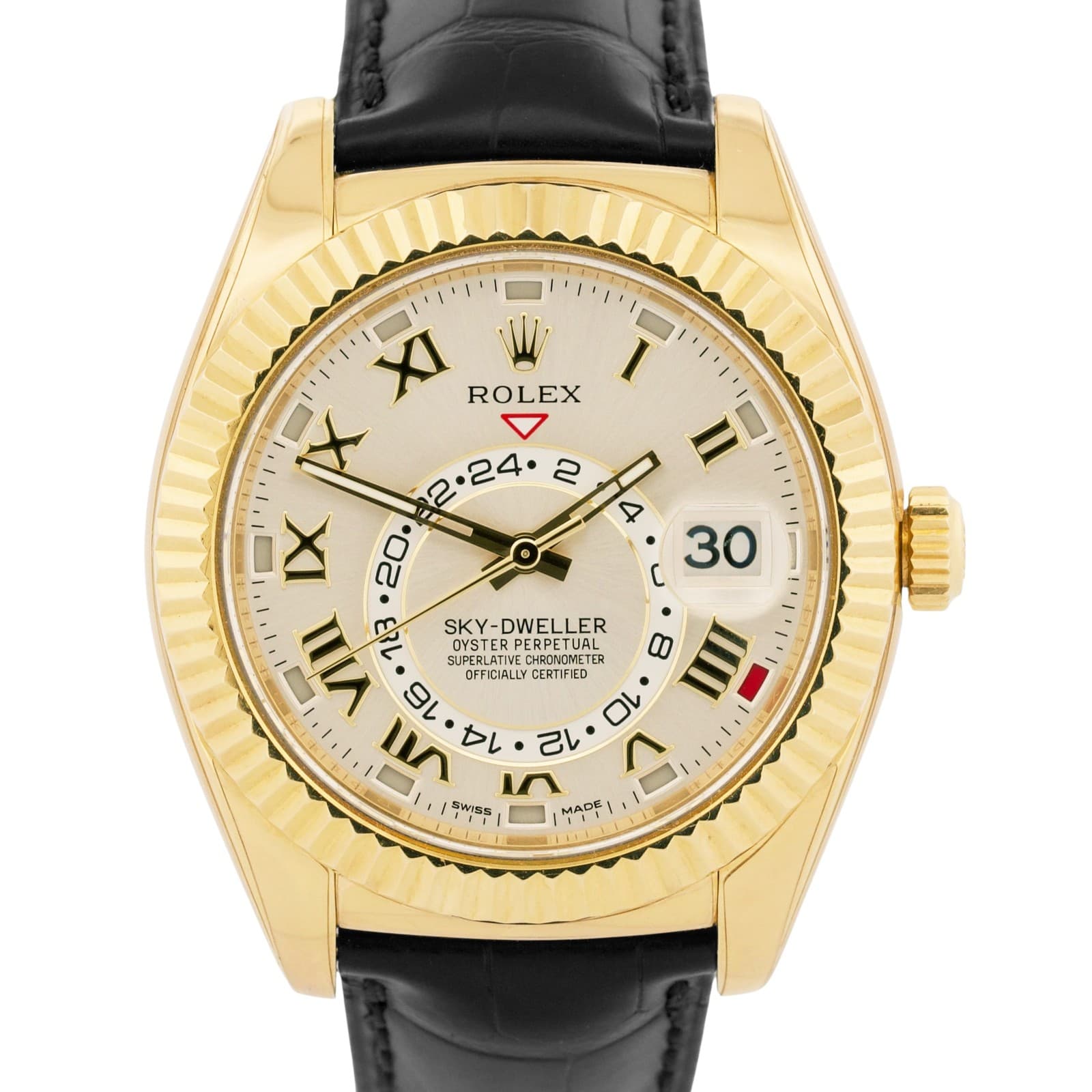 Rolex Sky-Dweller SILVER ROMAN 18K Yellow Gold Fluted 42mm LEATHER 326138 Watch