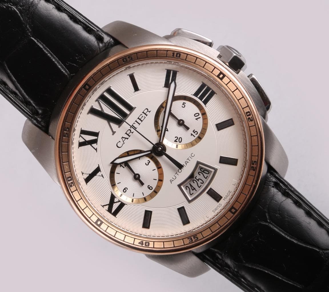 Cartier Mens Calibre De Cartier Chronograph W7100043 Black Alligator Band 42mm