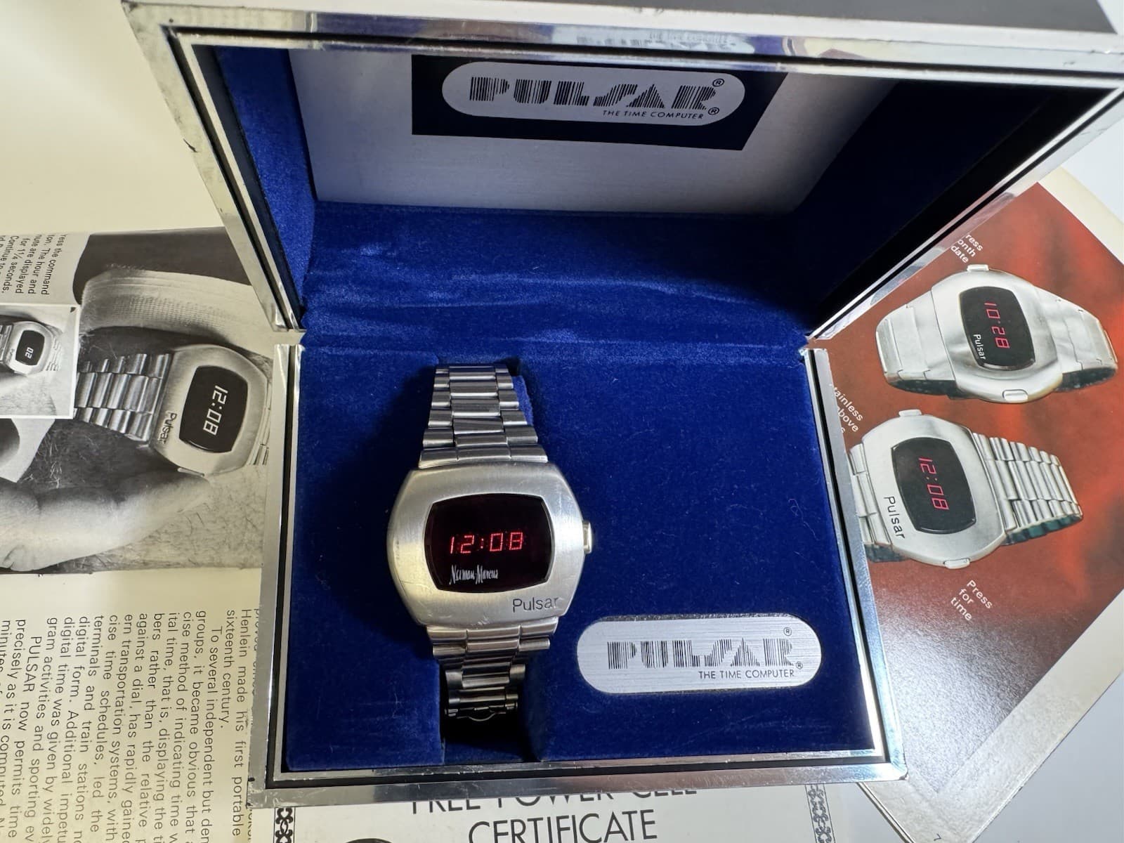 1973 pulsar p2 led stainless steel neiman marcus edition watch with box/papers