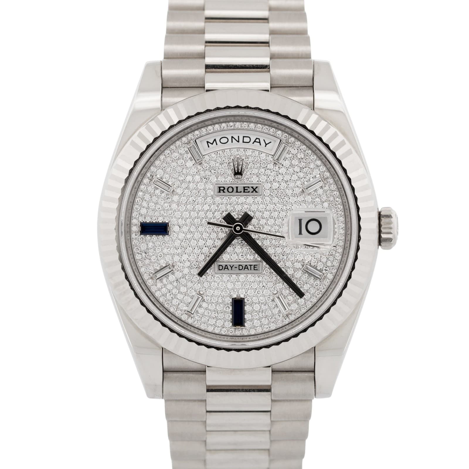 2021 Rolex Day-Date President 228239 Pave Diamond Blue 18K Gold 40mm Box Papers