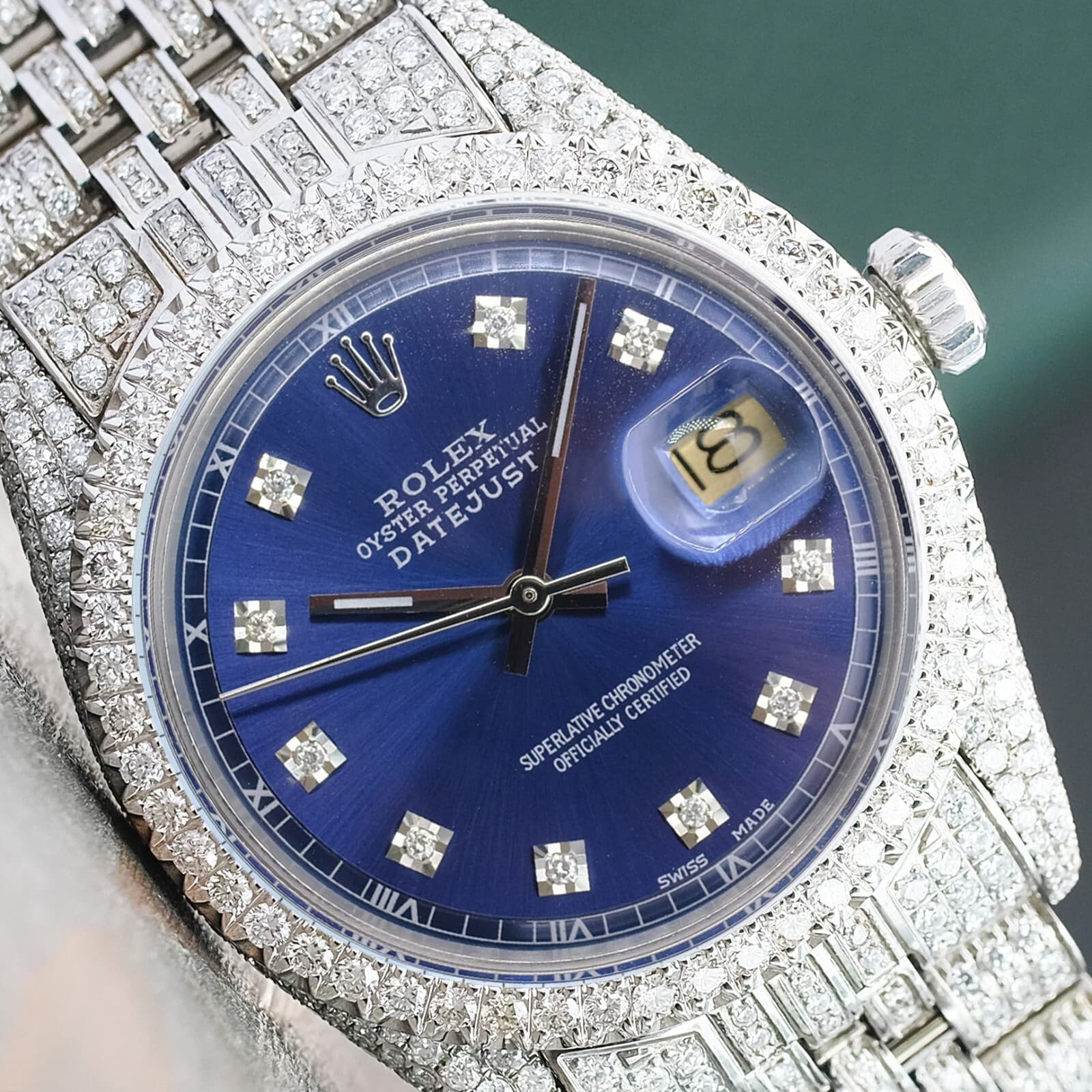 Rolex Datejust Iced Out Mens Fully Loaded Diamonds Blue Diamond Dial 36mm Watch