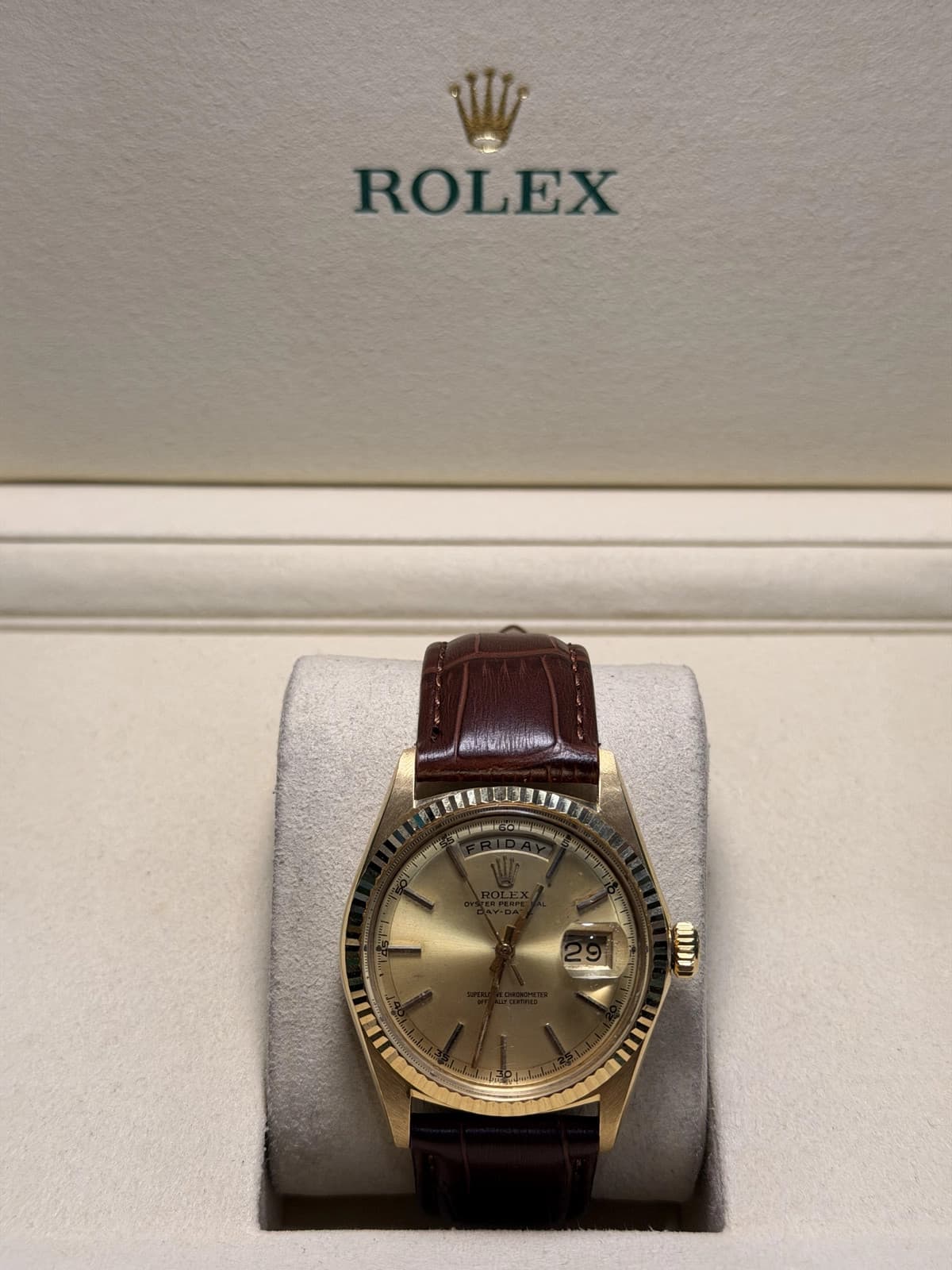 Rolex Day-Date 36 Champagne Stick Dial on Brown Leather 1803 with Box