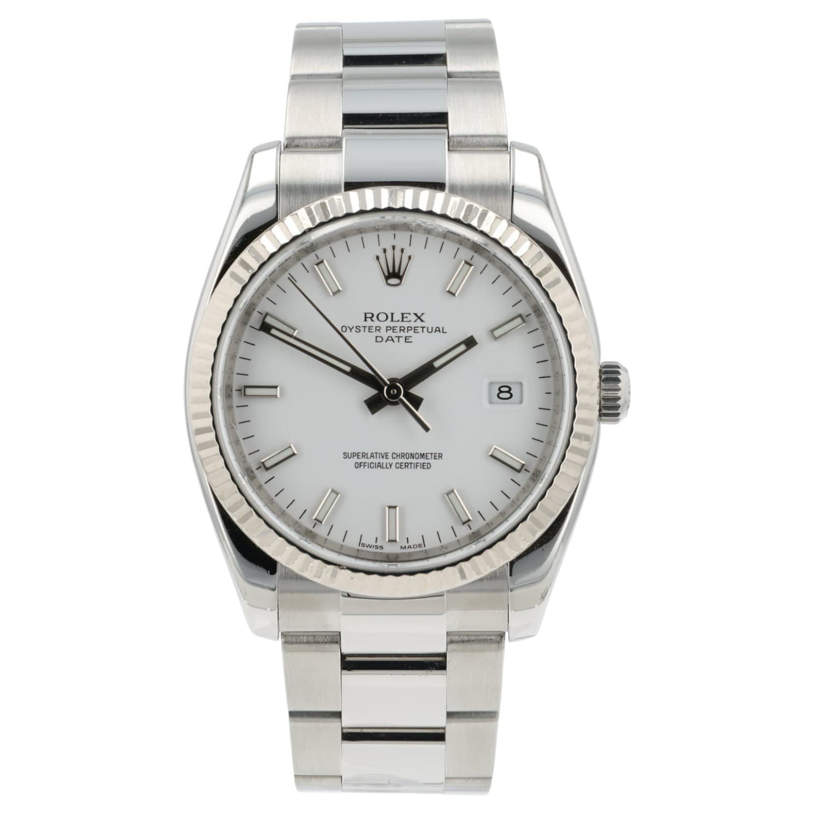 Rolex Oyster Perpetual Date White Dial Steel 34mm Automatic Men’s Watch 115234