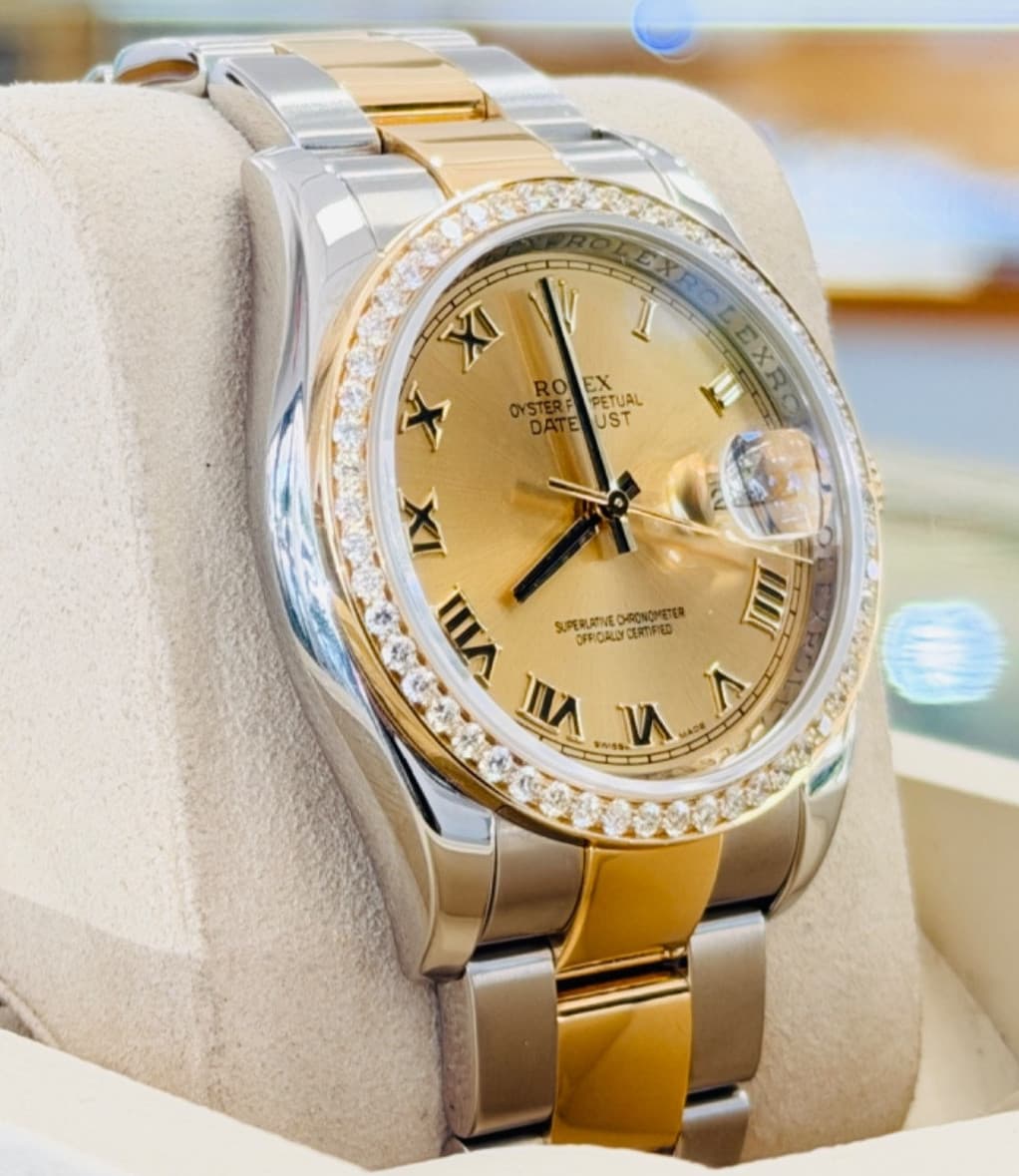 Rolex Datejust 36 116203 Champagne Roman Dial Custom Diamond Bezel Watch