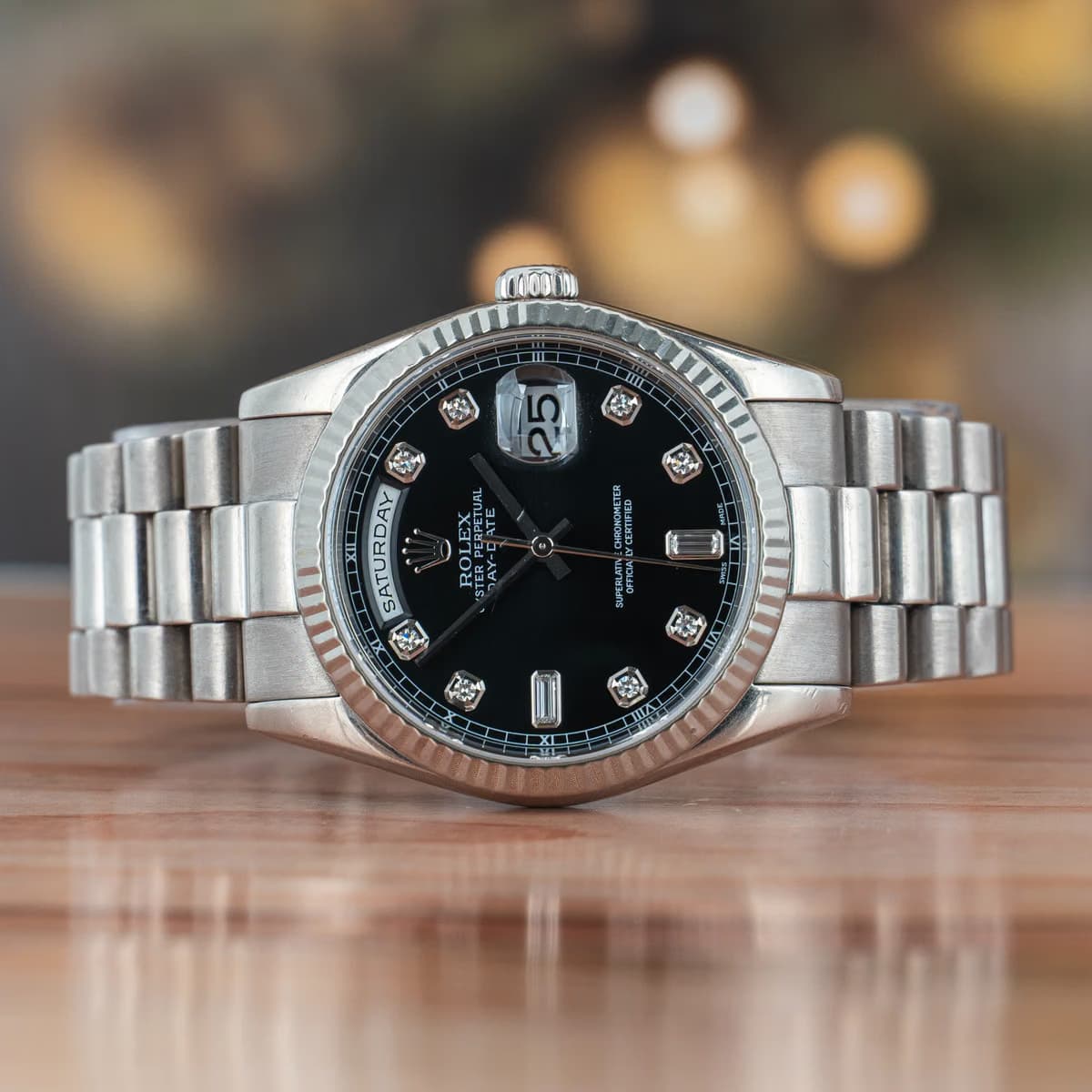 Rolex Day-Date President 36MM Black Diamond Dial White Gold Watch 118239