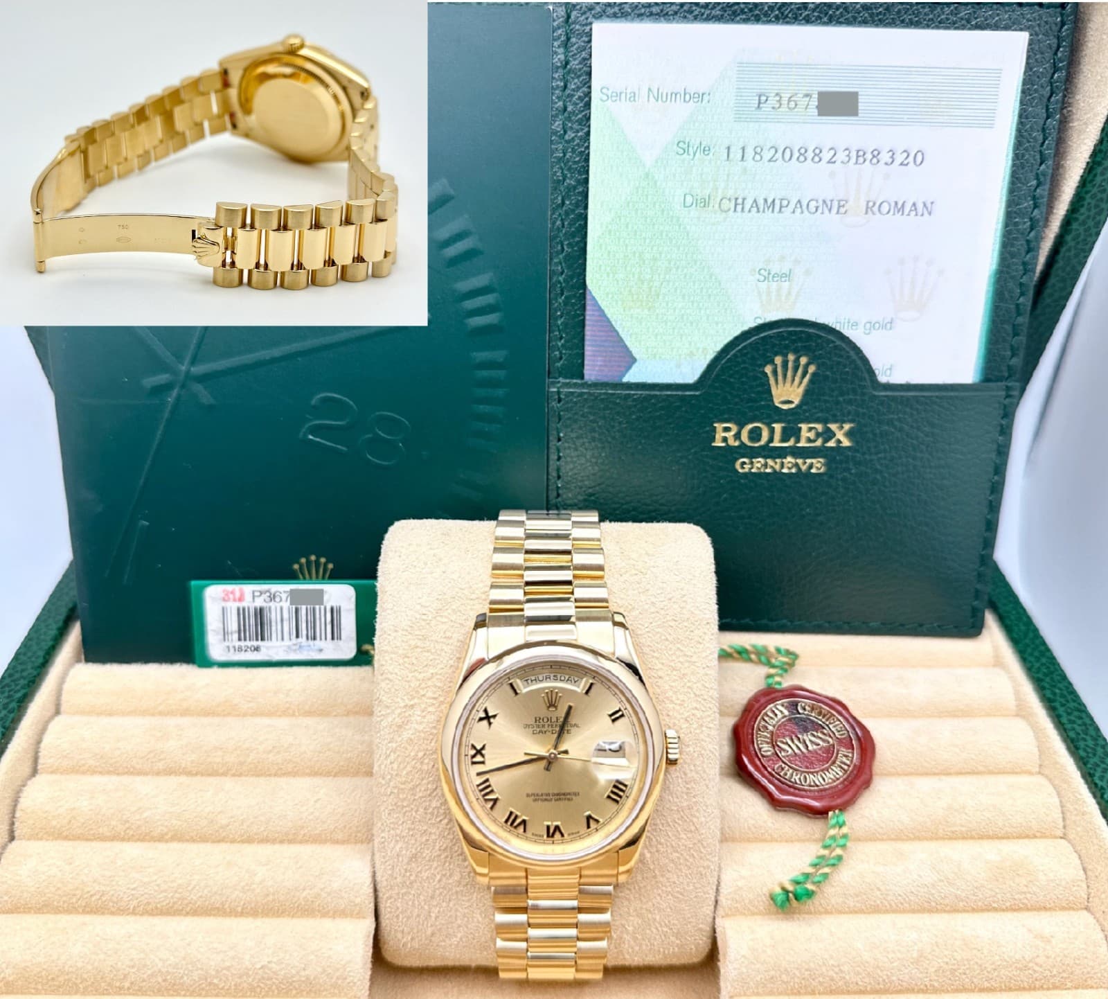 2005 Rolex Day Date President 118208 Champagne Roman Dial 18K Gold Box Paper