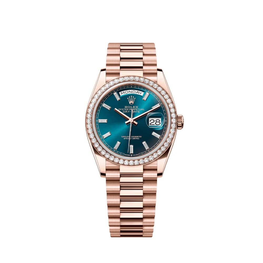 Rolex Day-Date 36 128345RBR Rose Gold Blue-Green Diamond Dial Diamond Bezel