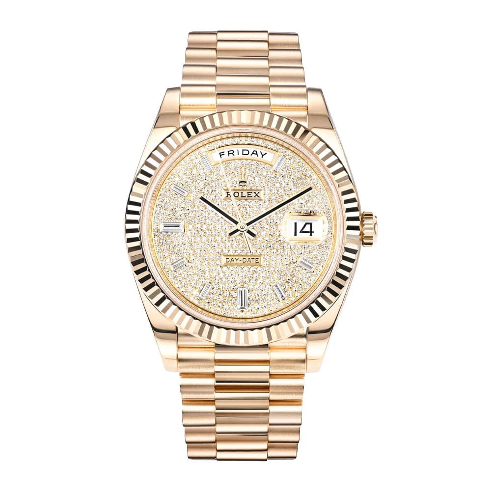 Rolex Day-Date 40 Watch 40MM Diamond Pave Diamond Baguette Index Markers Dial...