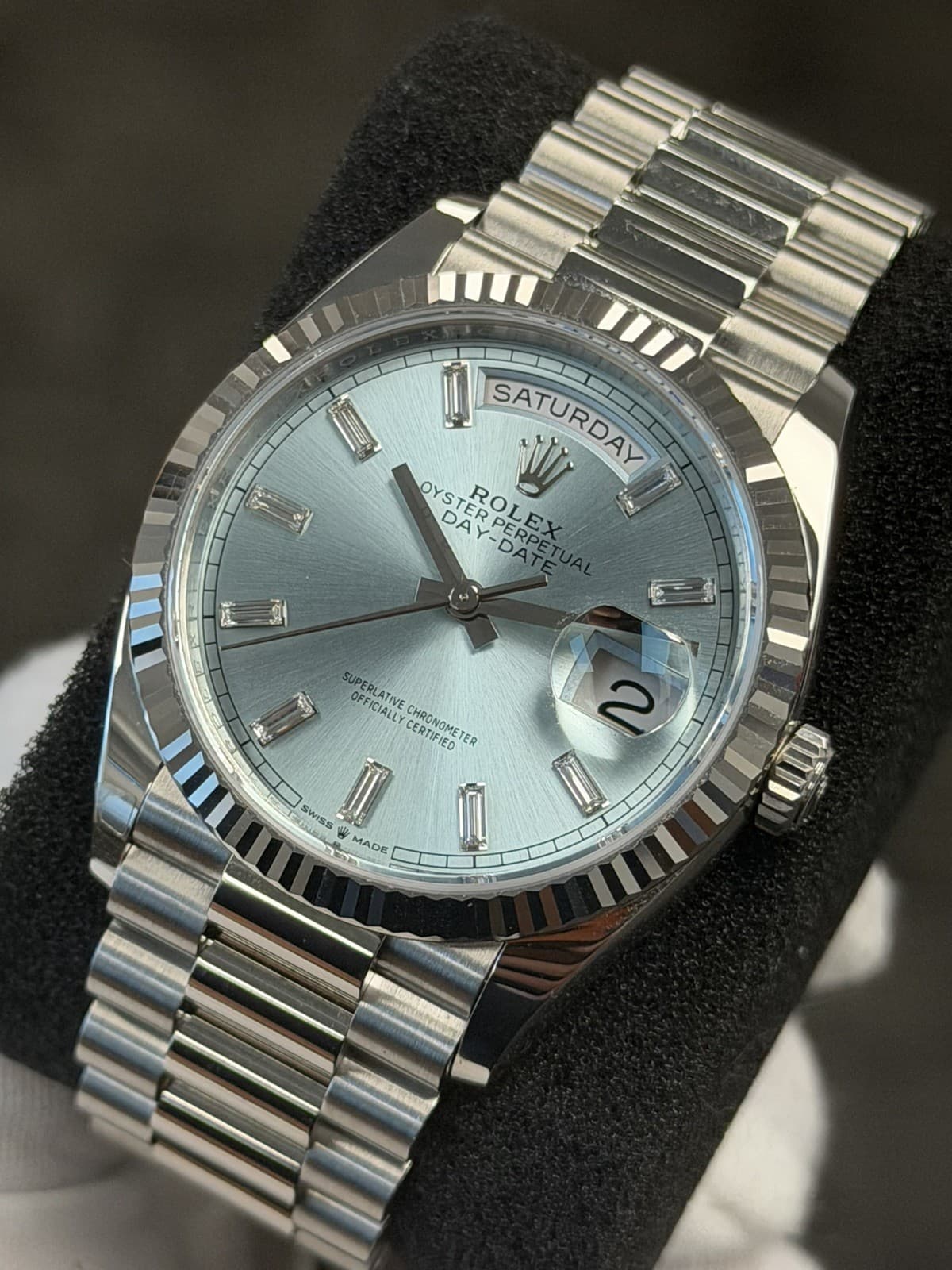 NEW 2026 Rolex Daytona Date Platinum Ice Blue Baguette 36mm 128236 Box Papers