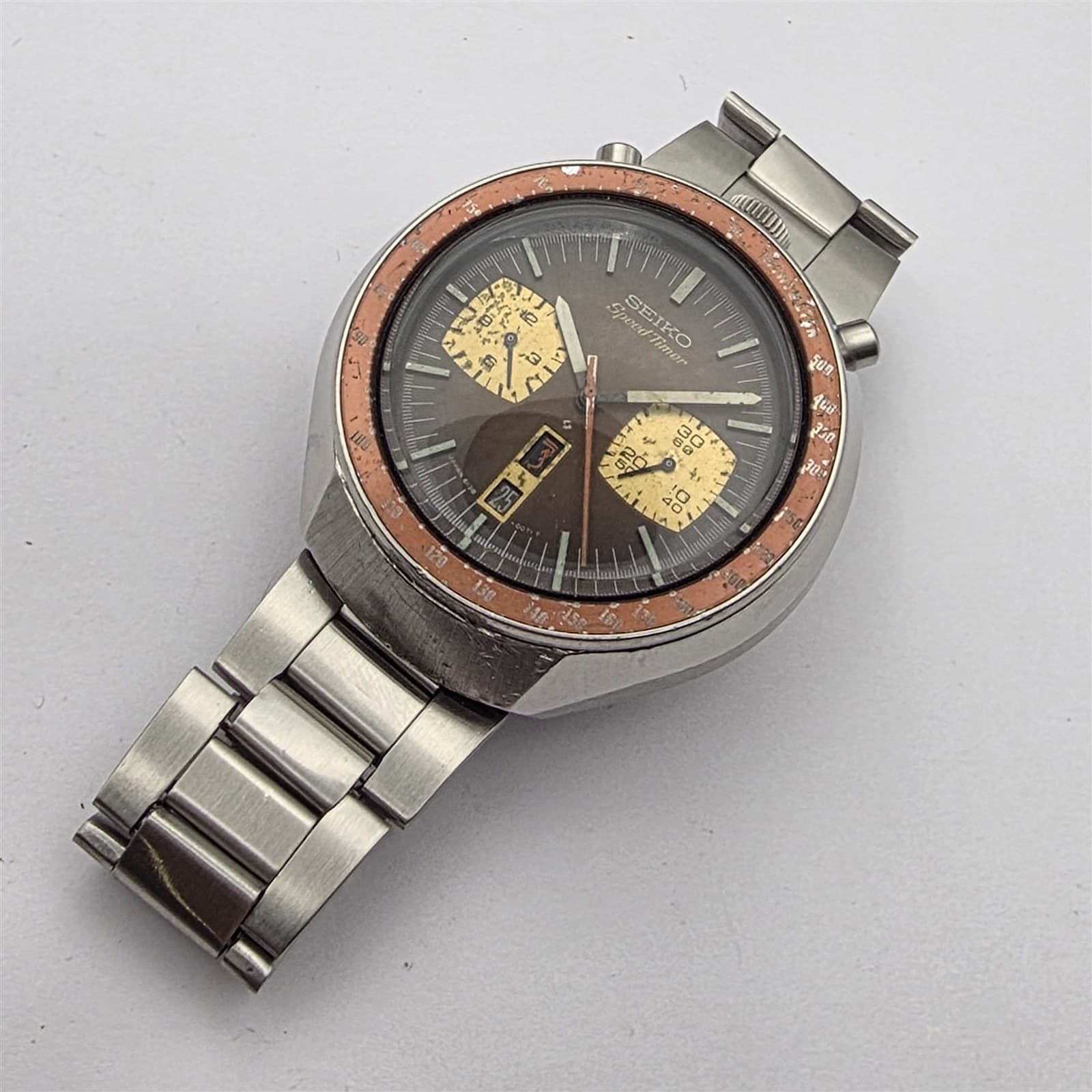 76' SEIKO BULLHEAD BROWN 6138 0040 MENS CHRONOGRAPH SERVICED SS WATCH 692750