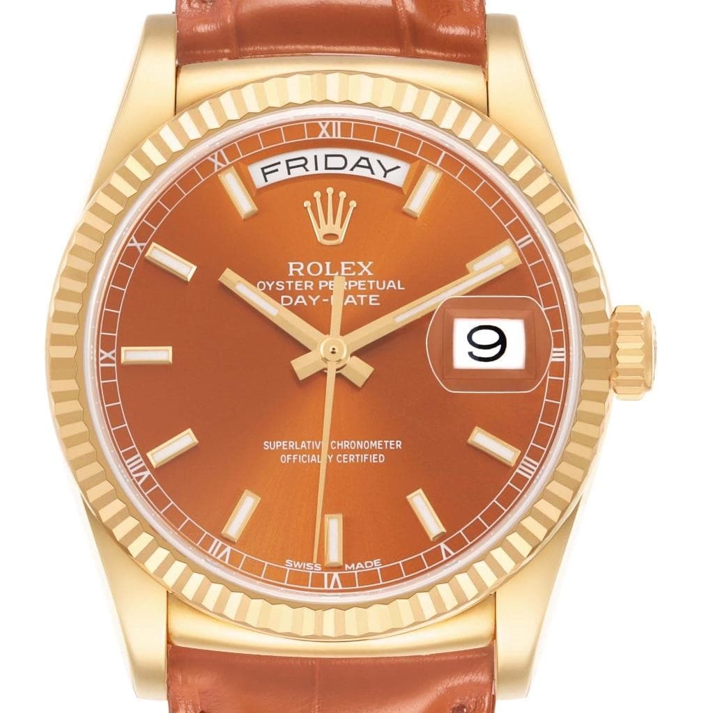 Rolex President Day-Date Yellow Gold Cognac Dial Mens Watch 118138
