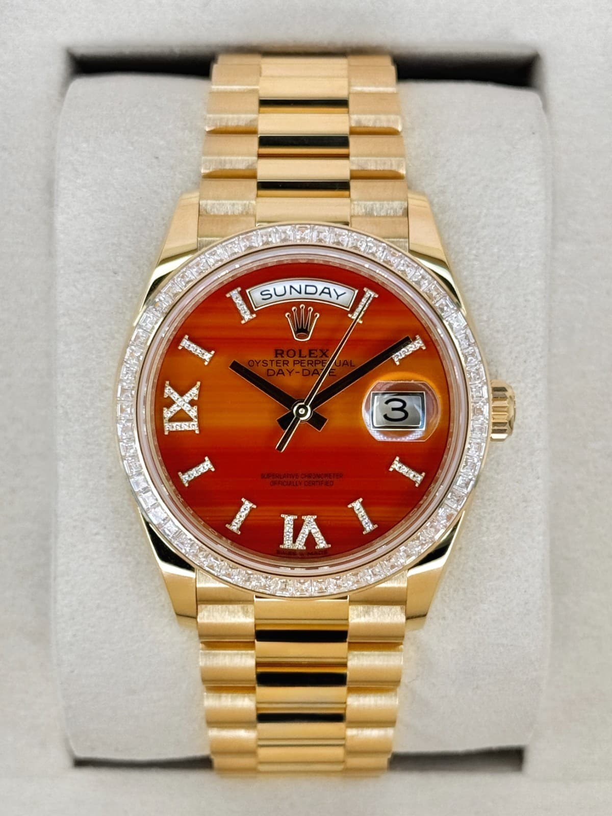 NEW 2026 Rolex Day-Date 36mm 128398TBR Presidential Yellow Gold Carnelian Diamon