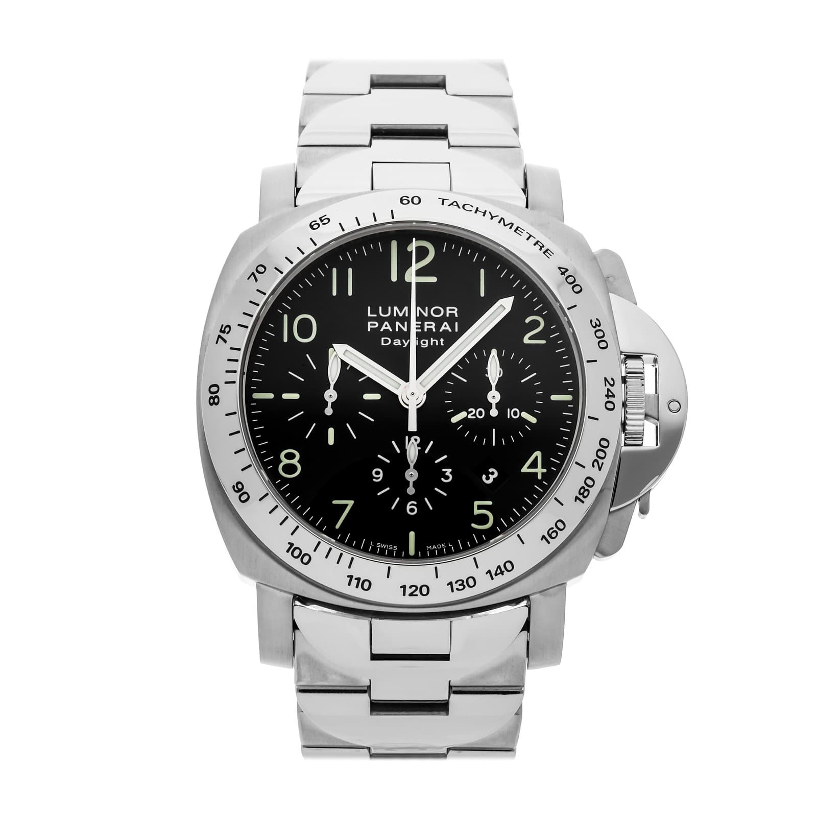 Panerai Luminor Chronograph Daylight Steel Auto 44mm Bracelet Watch PAM 196