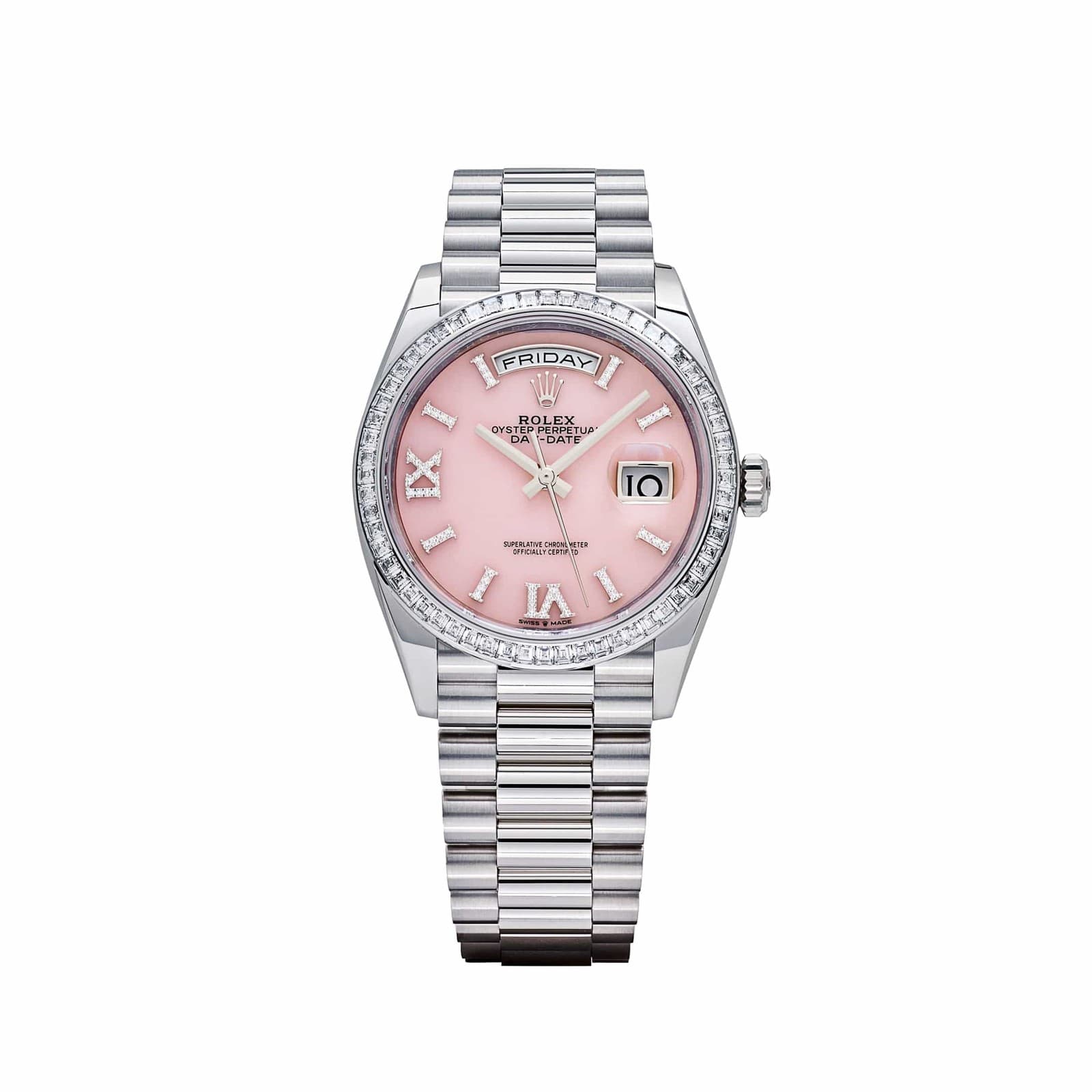 Rolex Day-Date 36 128396TBR Platinum Pink Opal Diamond Roman Numerals Dial