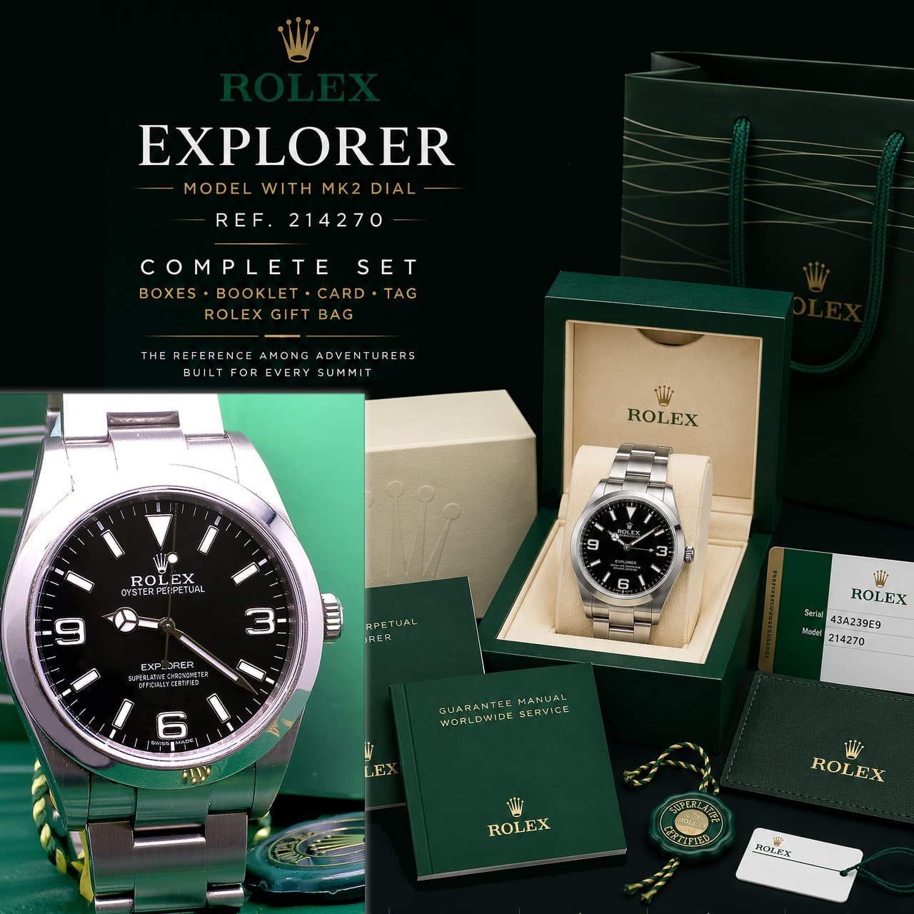 Rolex Explorer Model with MK2 Dial Wristwatch REF 214270 Complete Set with Boxes