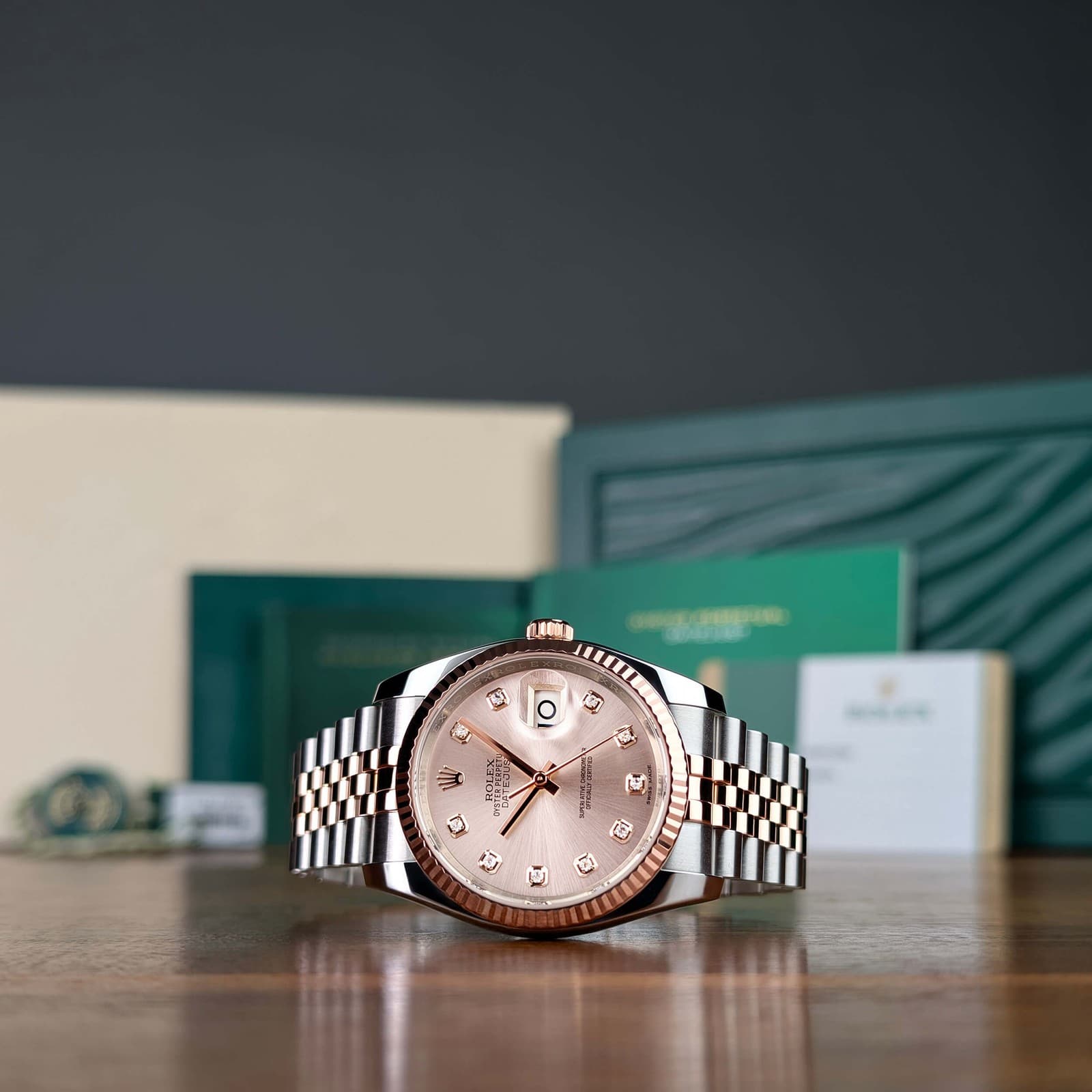 Fully Linked Complete Set Rose Gold Sunburst Diamond Dial Rolex Datejust 36