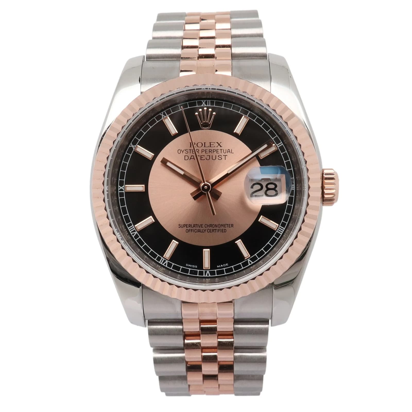 Rolex Datejust 36mm 18K Rose Gold Steel Pink Tuxedo Dial Watch 116231