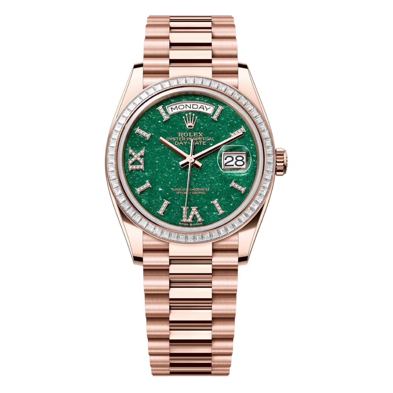 Rolex Day-Date 128395TBR-0020 36mm Green Aventurine Dial Rose Gold with Diamo...