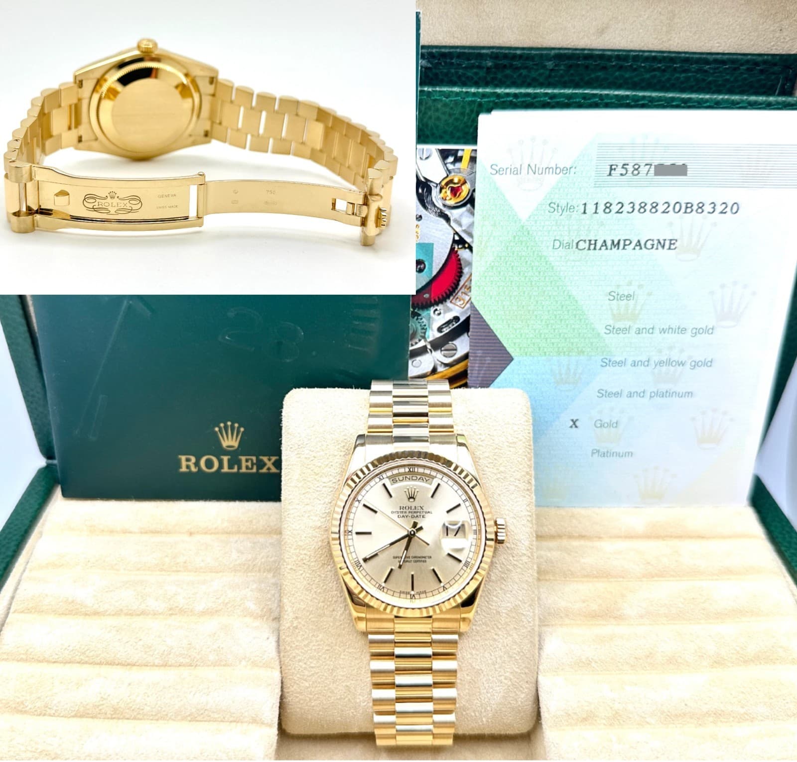 Rolex Day Date President 118238 36mm Champagne Dial 18k Yellow Gold Box Paper