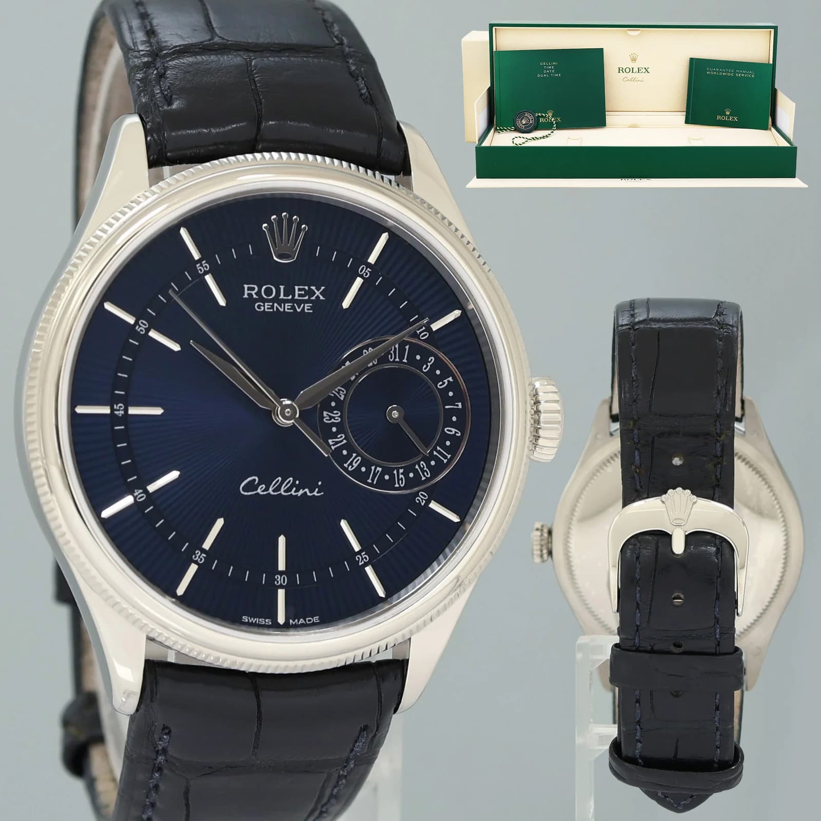 MINT Rolex Cellini Date Blue Dial White Gold 39mm Leather Automatic 50519 Watch