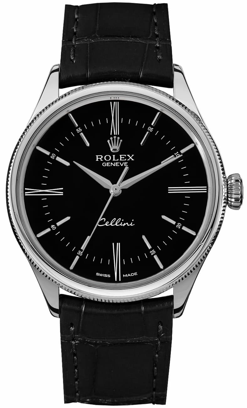 Rolex Cellini Time 39mm 18k White Gold Black Dial Strap Men's Watch 50509-0006