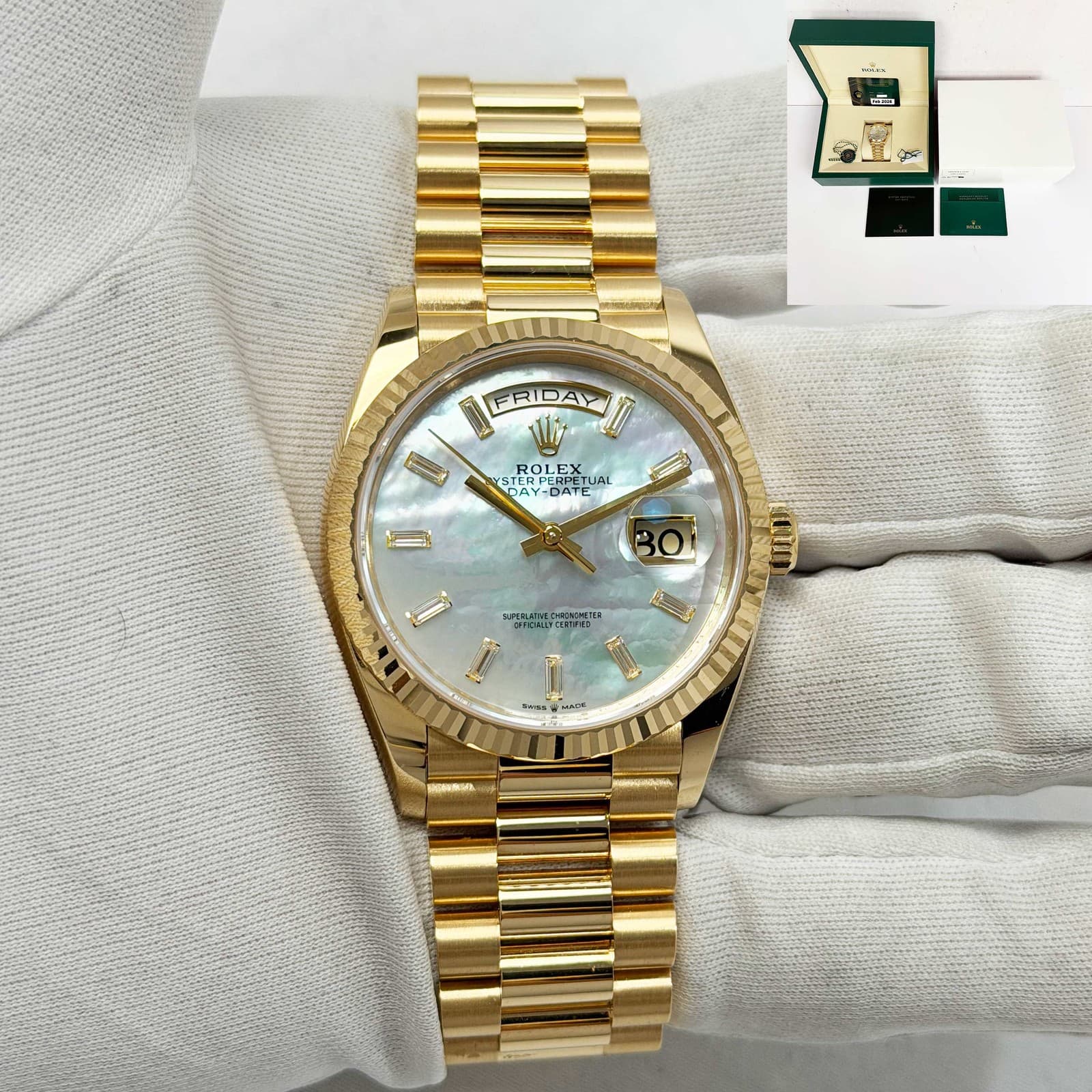 2026 Rolex Day-Date 128238 36MM Mop Dial 18K Yellow Gold Box Paper