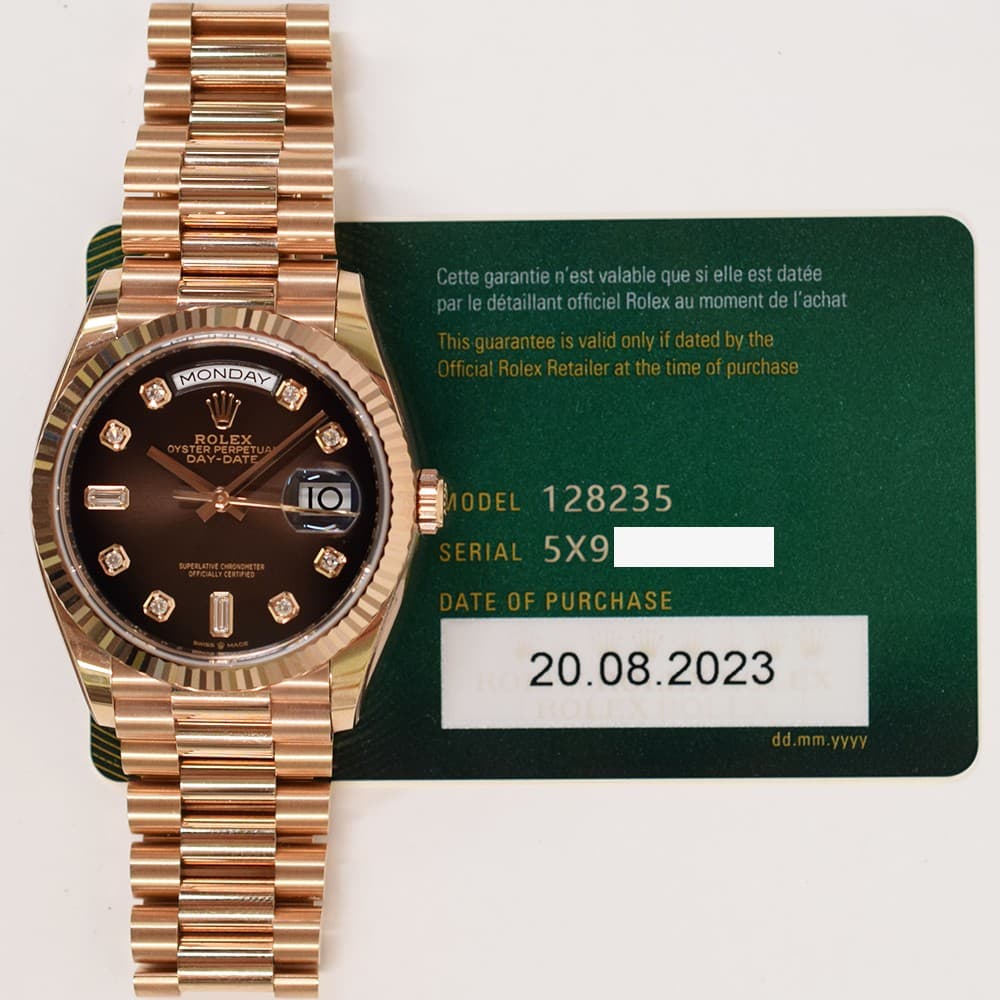 2023 Rolex Day-Date 36, 128235, 36mm, Chocolate Diamond Dial, President Brace...
