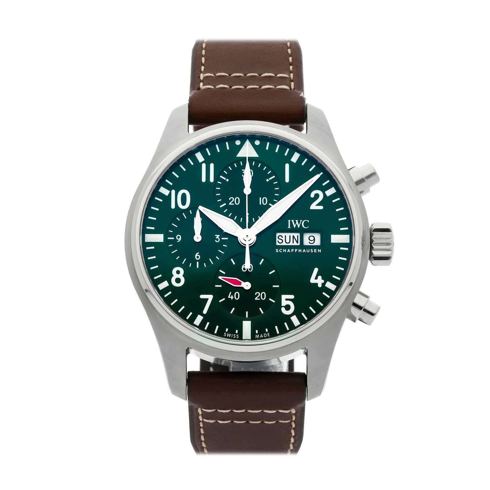 IWC Pilot's Chronograph Steel Auto 41mm Green Dial Strap Watch IW3881-03