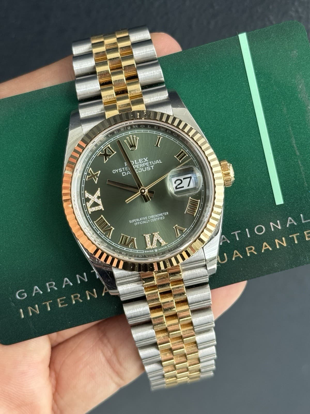 Rolex Datejust 36mm Gold & Steel 126233 Olive Green Diamond Roman Fluted Jubilee