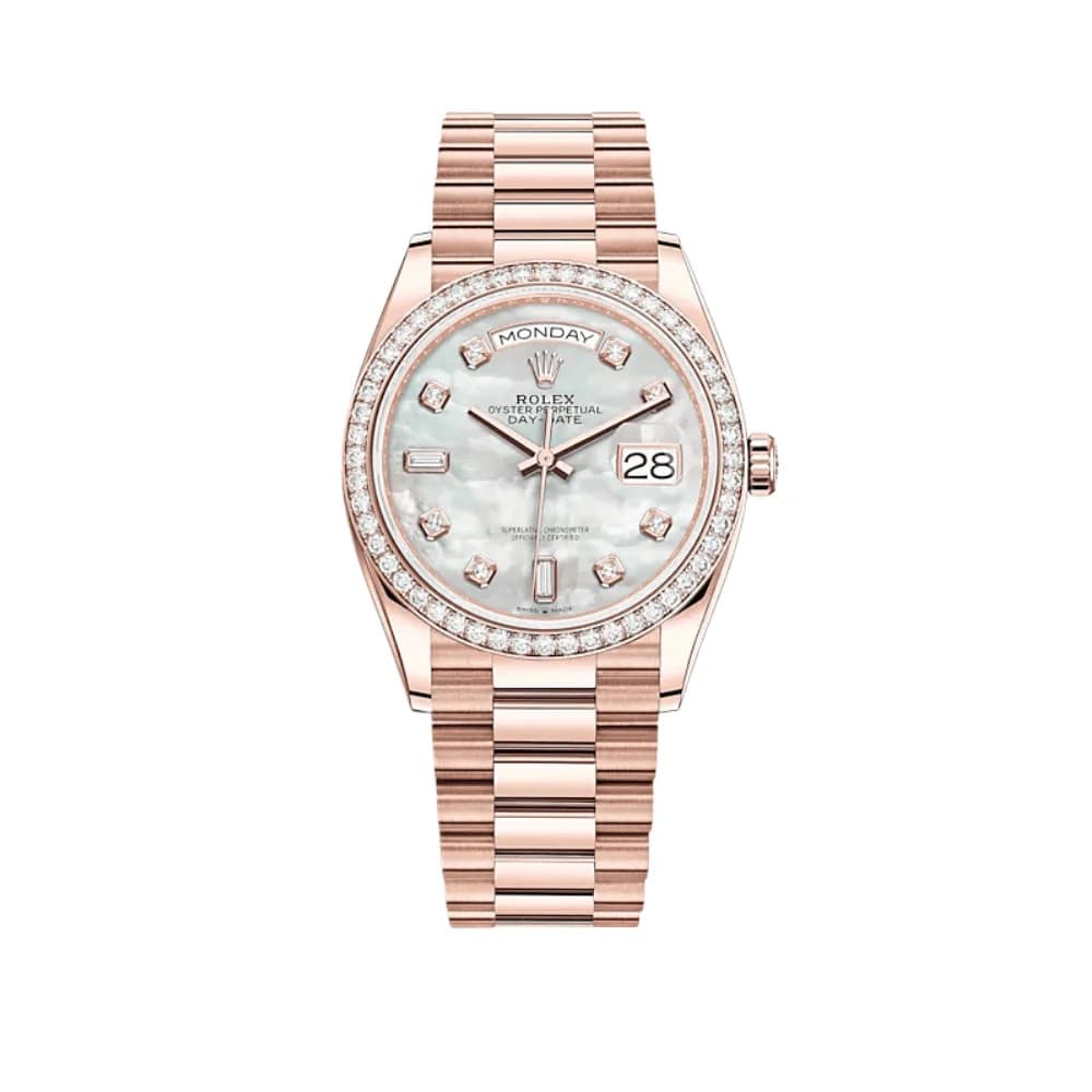 Rolex Day-Date 36 128345RBR Rose Gold White Mother of Pearl Diamond Dial