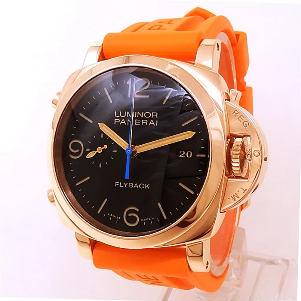 Panerai Luminor Chrono Flyback 18k Rose Gold Orange Rubber Black Watch PAM00525