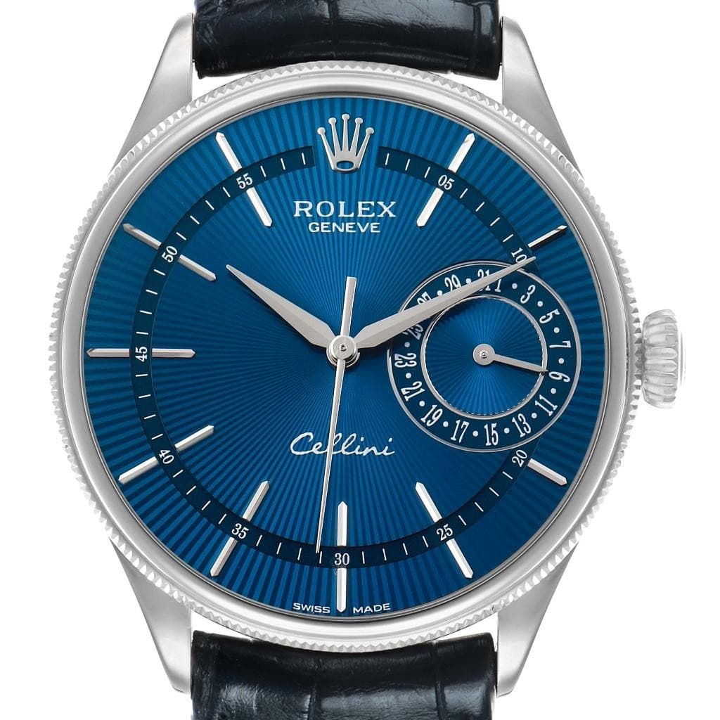 Rolex Cellini Date White Gold Blue Dial Mens Watch 50519 Box Card