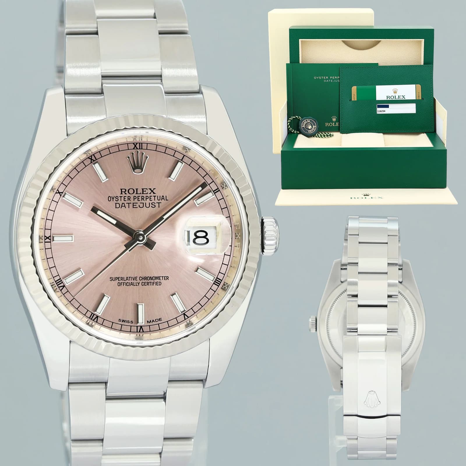 2019 PAPERS MINT Rolex DateJust Steel White Gold Fluted Pink 116234 36mm Oyster