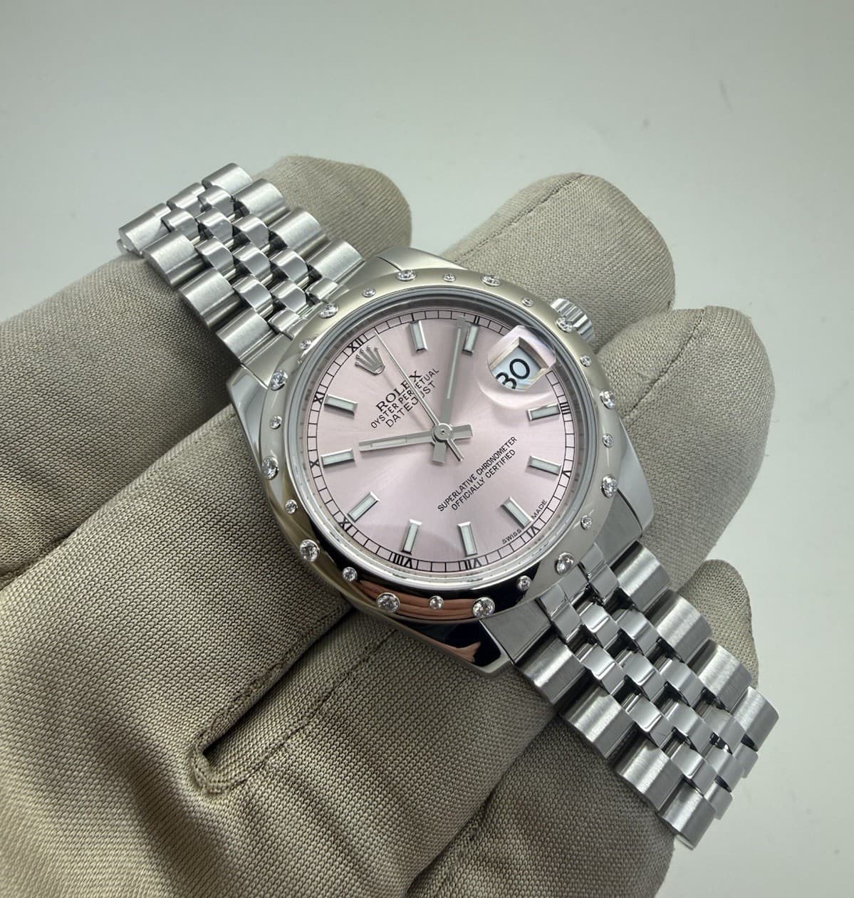Rolex Datejust 31mm Ladies Diamond Bezel Pink Dial Jubilee Steel Watch 178344