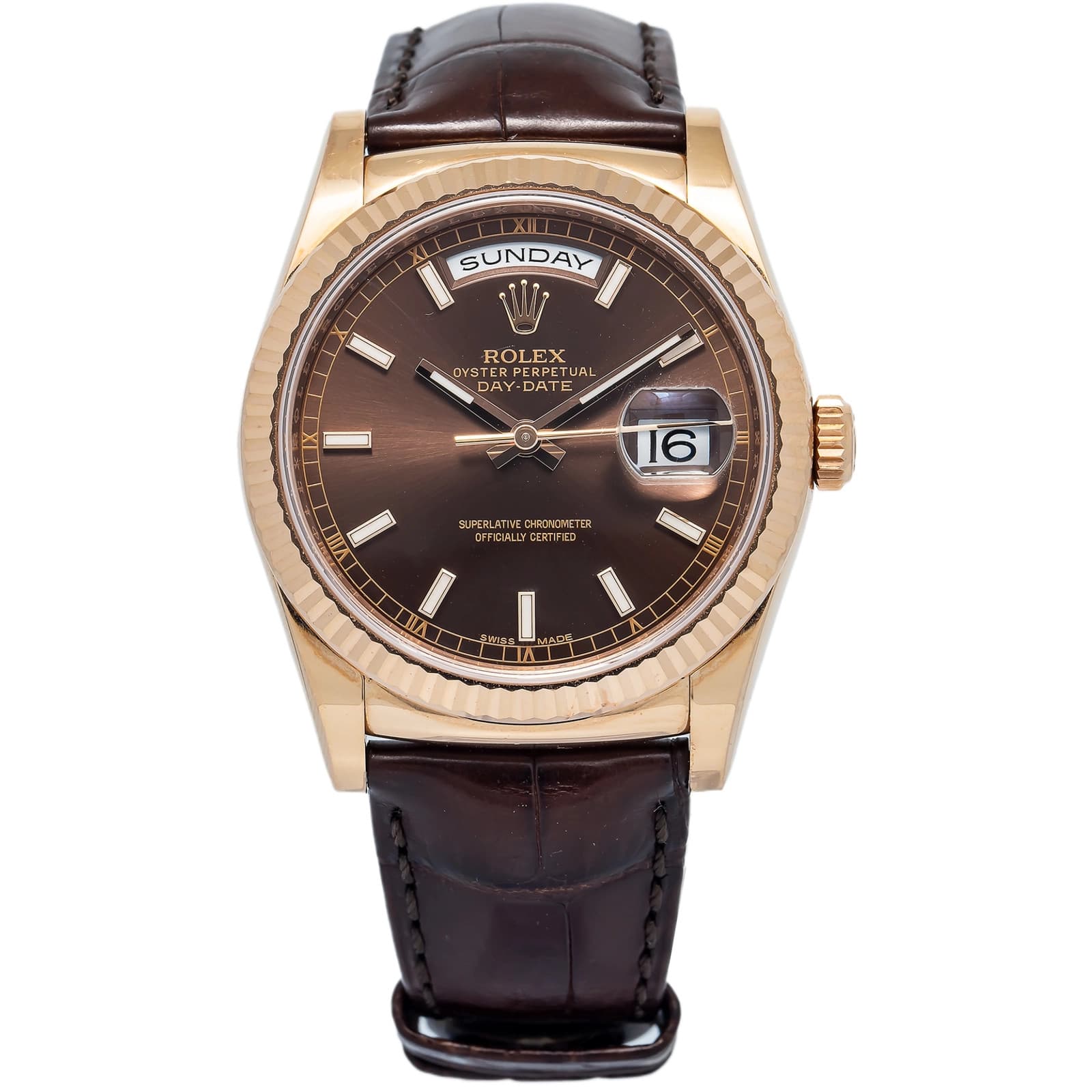 Rolex Day-Date 118135 2016 Card Leather Strap Rose Gold Chocolate Index 36mm