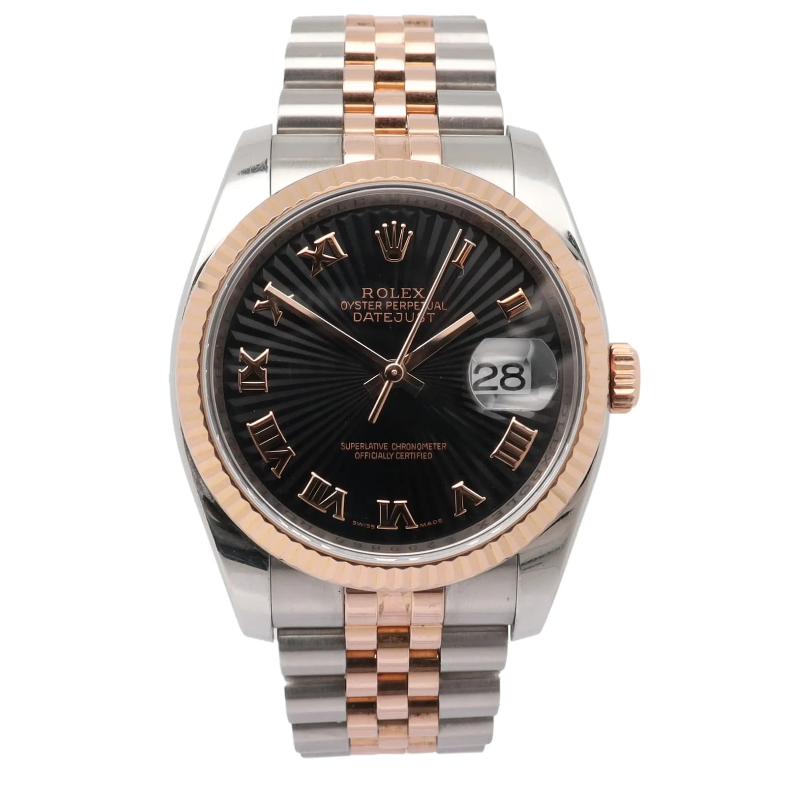 Rolex Datejust 36 18k Rose Gold Steel Black Sunbeam Roman Dial Watch 116231