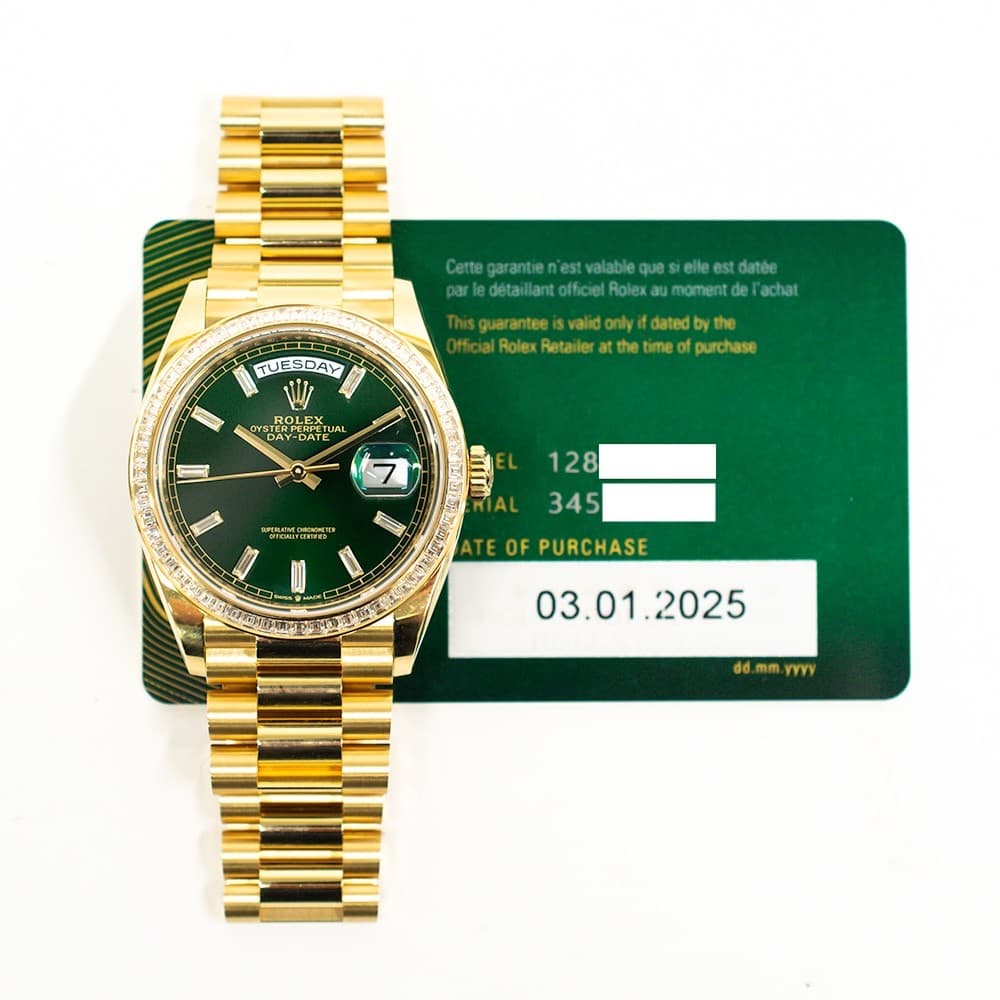 2025 Rolex Day-Date 36, 128398TBR, Yellow Gold, Green Baguette Diamond, Presi...